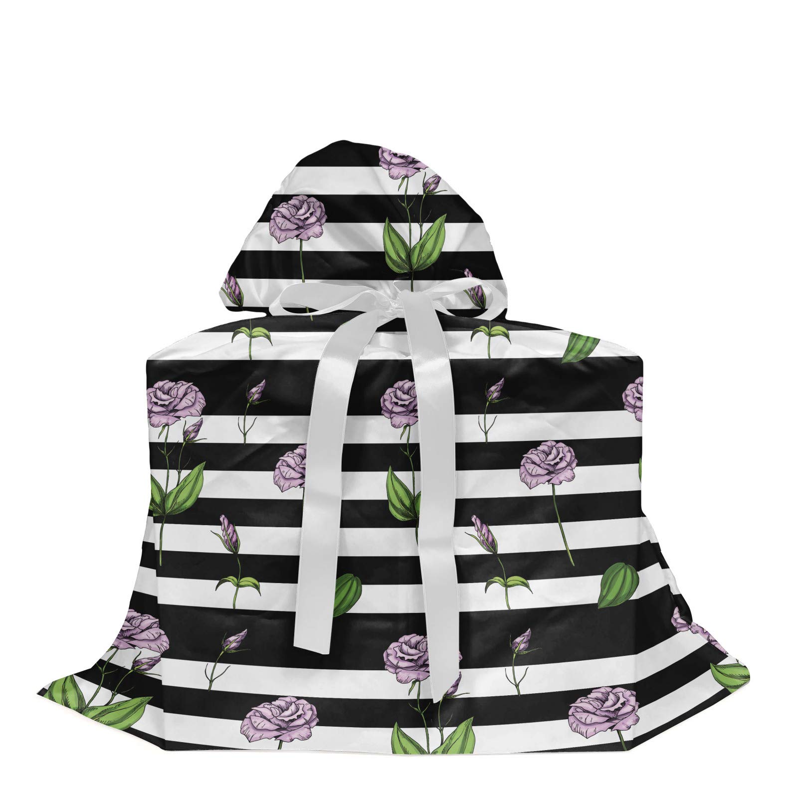 Ambesonne Rose Gift Bag - Pink Floral Design with Black & White Stripes, Fabric Party Favor Pouch with 3 Ribbons (27