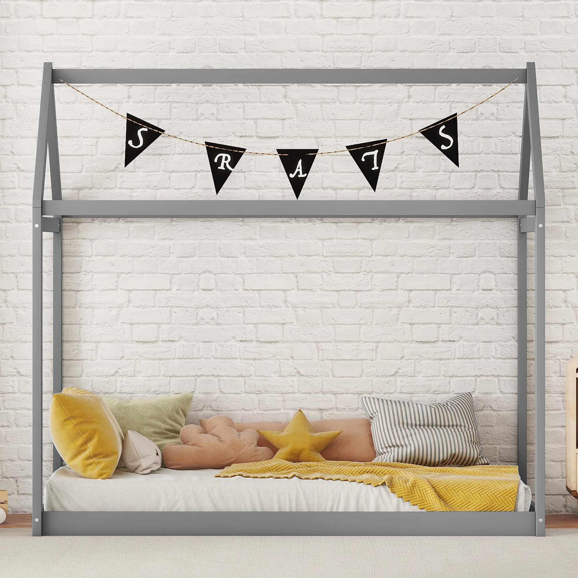 P PURLOVE Twin Size Wooden House Bed Frame - Kids Play Tent Bed for Girls & Boys | Fun Bedroom Decor for Children's Room & Playhouse Adventures