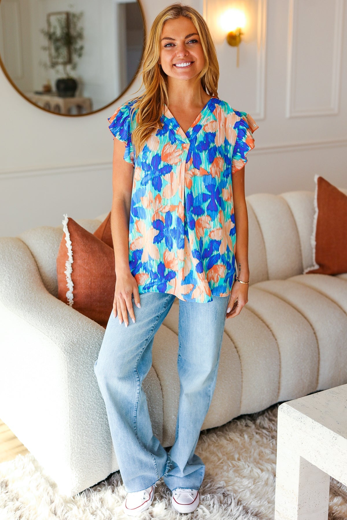 Haptics Tropical Breeze Turquoise Floral Banded V-Neck Flutter Sleeve Blouse for Women - Summer Beach Vacation & Boho Chic Outfit