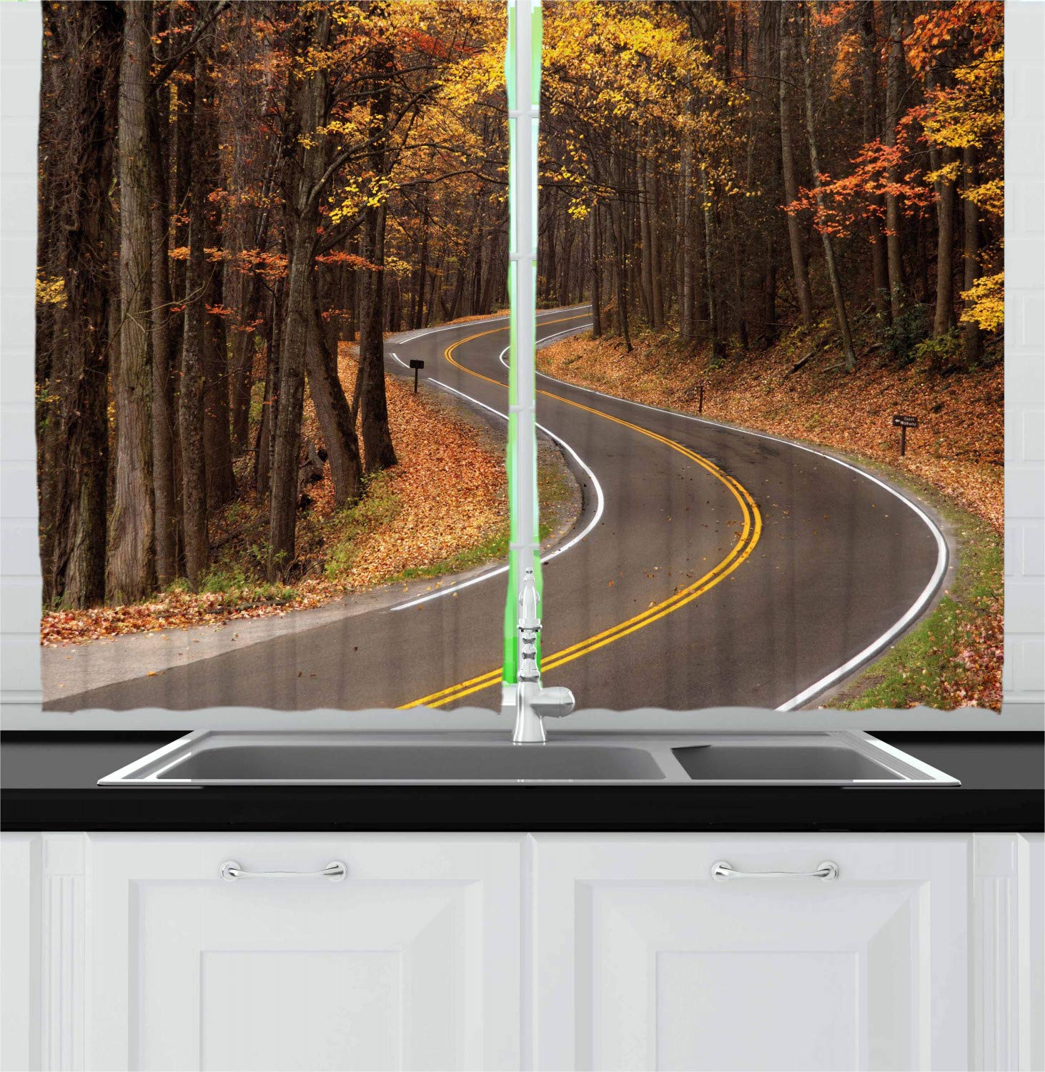 Ambesonne Autumn Kitchen Curtains - 2 Panel Set with Forest Road & Smoky Mountains Design, 55
