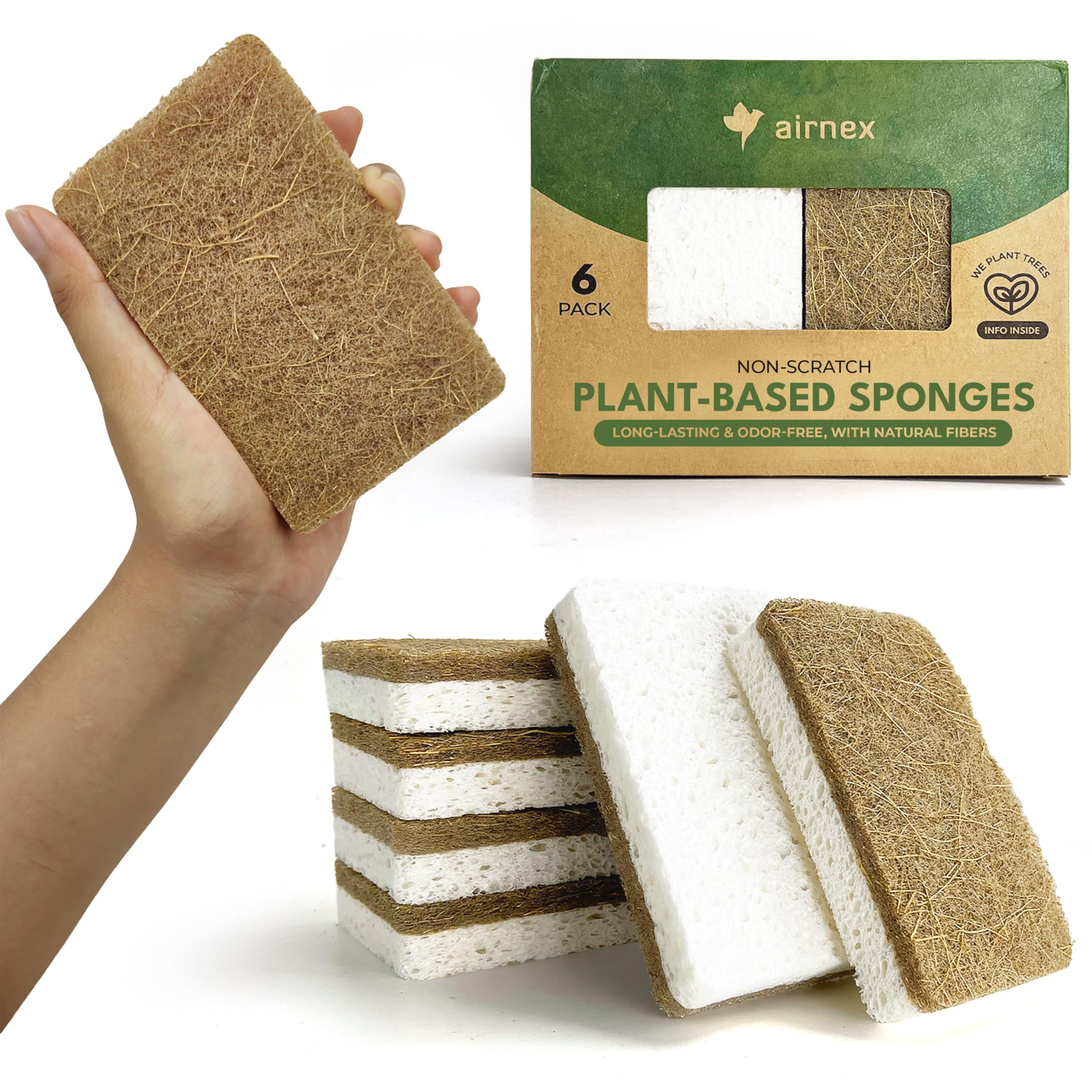 6-Pack Natural Kitchen Sponges - Eco-Friendly Cellulose & Coconut Husk Scrub Sponges for Dishwashing | Odor-Free, Non-Scratch Walnut Scrubber | Quick-Drying Sponges for Sinks, Countertops & Cookware Cleaning