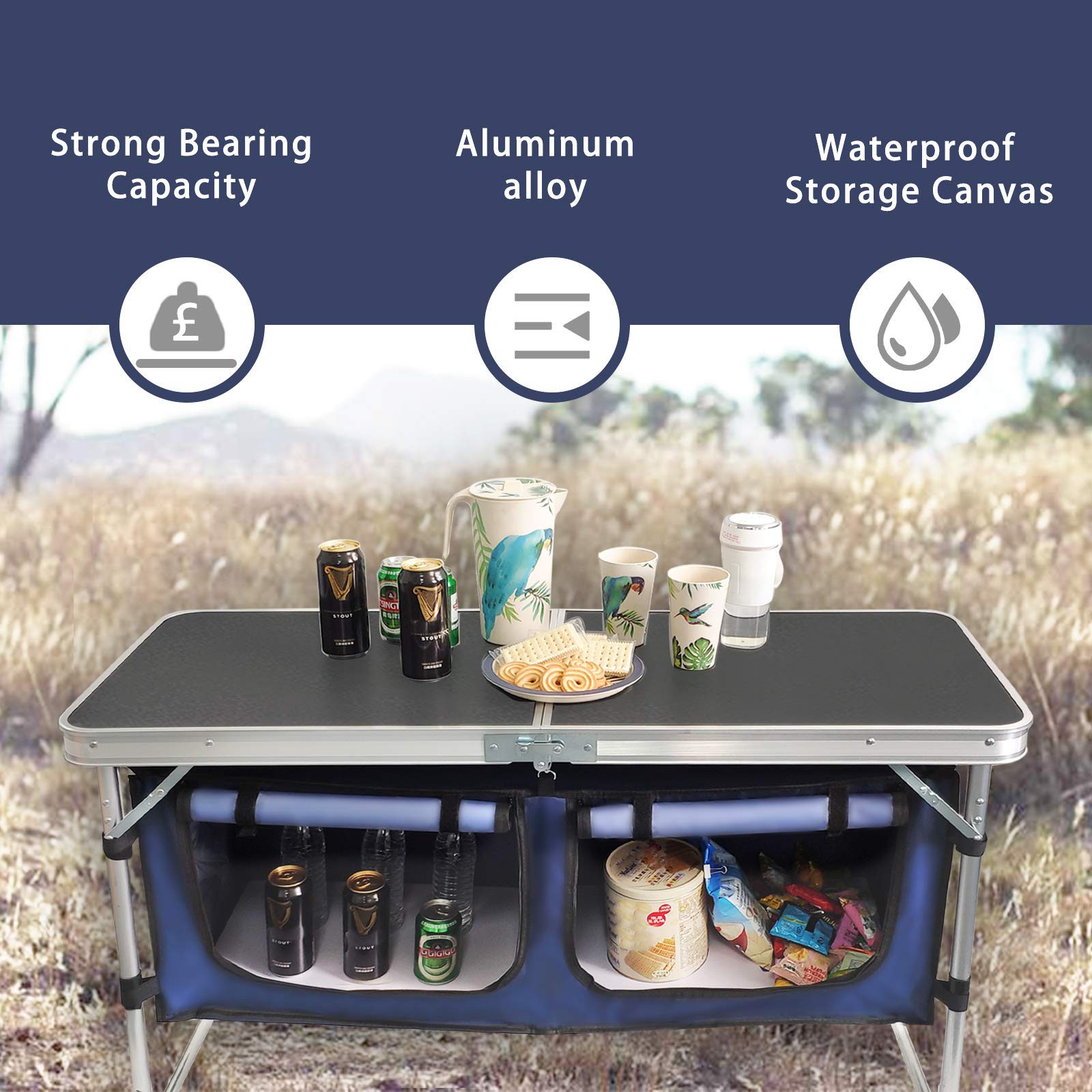 Lightweight Aluminum Folding Camping Table with Storage Compartment - Adjustable Height Portable Camp Kitchen Table for Outdoor, Tailgating, BBQ, Picnic, Backyard & Indoor Use - Perfect for Camping, Hiking, Beach Trips and Home Entertaining