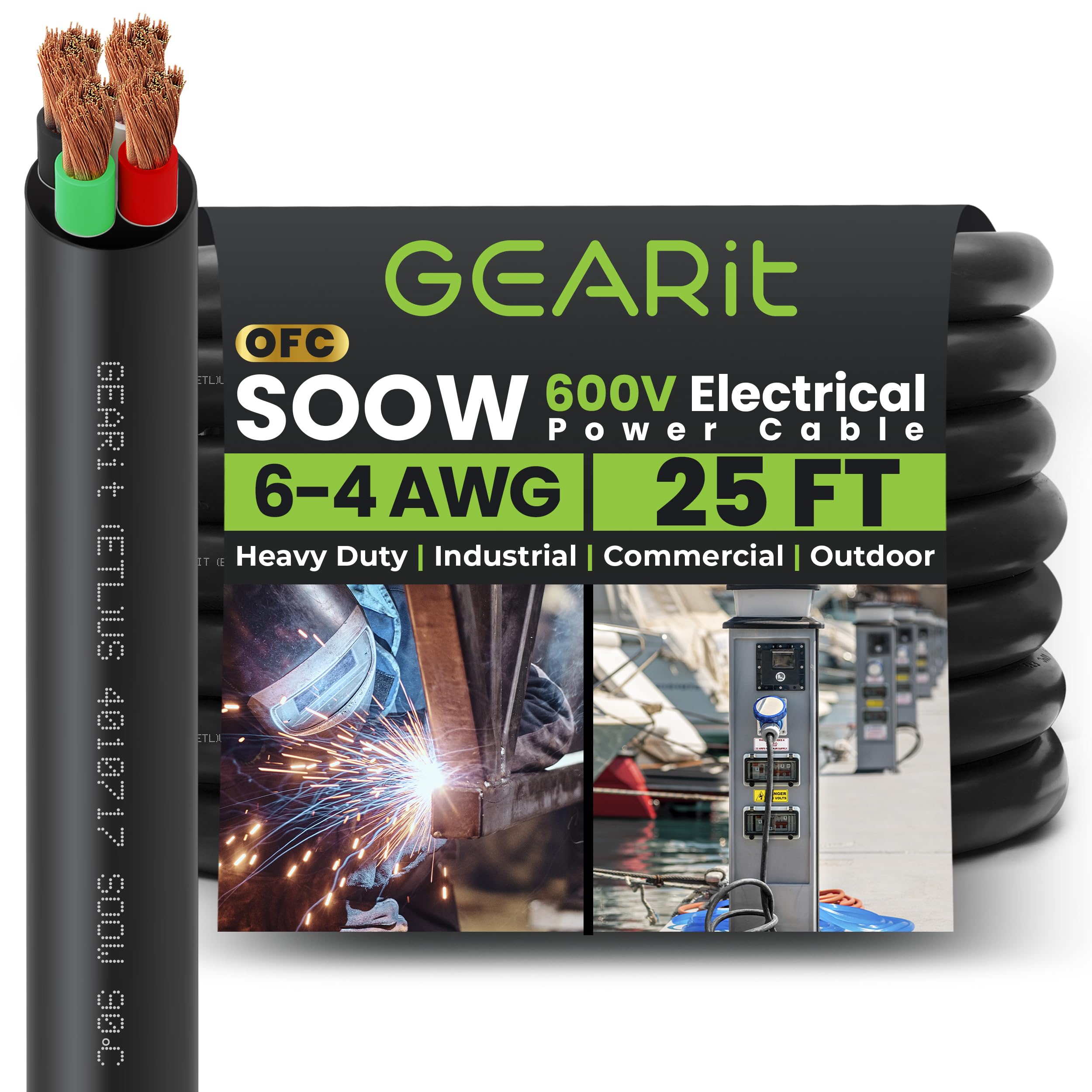 GearIT 6/4 6 AWG SOOW 600V Portable Power Cable - 25ft 4 Conductor Electric Wire for Motor Leads, Battery Chargers, Stage Lights | Heavy Duty Electrical Cord for Industrial, Construction & Outdoor Use