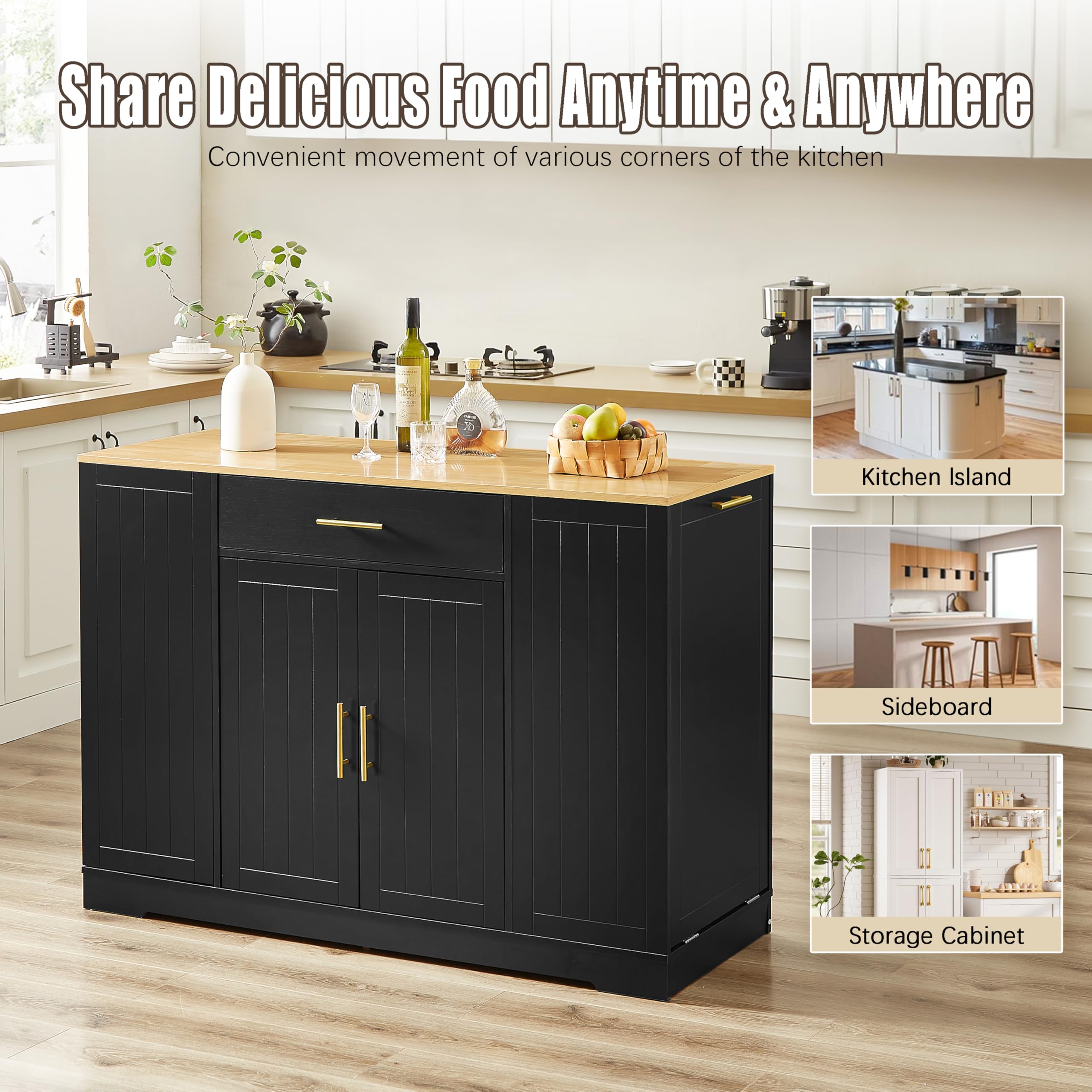 53 Inch Kitchen Island with Storage Drawer & Adjustable Shelves - Black Breakfast Bar Cabinet for 13 Gallon Trash Bin - Stationary Kitchen Table for Dining Room & Kitchen - Perfect for Small Space Organization & Entertaining Guests