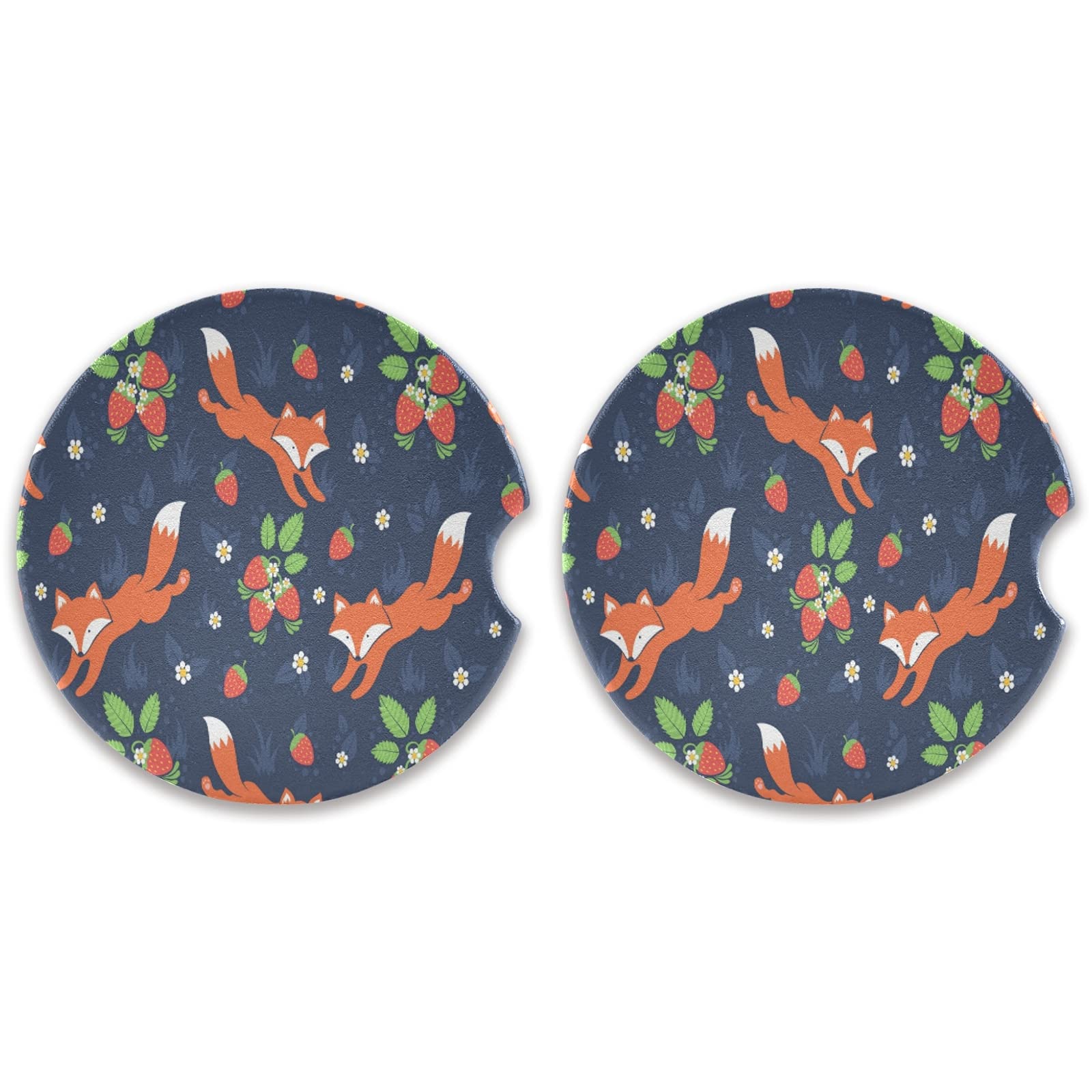 2 Pack Absorbent Fox and Strawberry Ceramic Car Coasters with Fingertip Grip, 2.5 Inch Cup Holder Coasters for Car, Perfect for Coffee, Tea, and Cold Drinks
