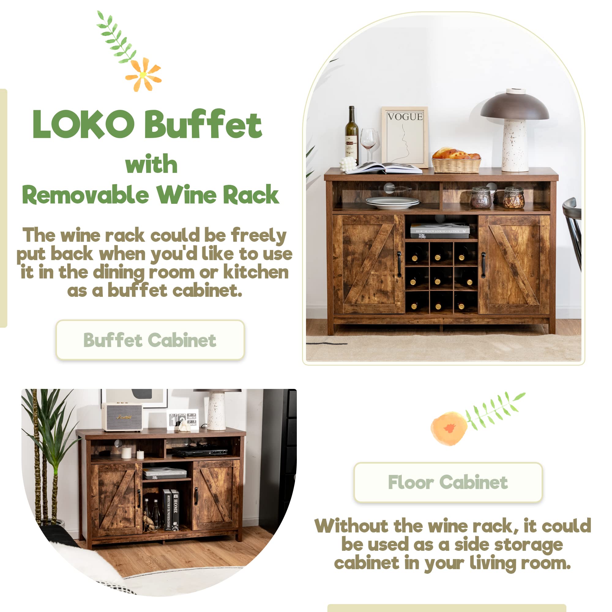 LOKO Industrial Buffet Cabinet with Storage - 45 x 16 x 31.5 Inches Kitchen Sideboard with Removable Wine Rack & Adjustable Shelves - Perfect for Dining Room, Living Room or Office Storage Organization
