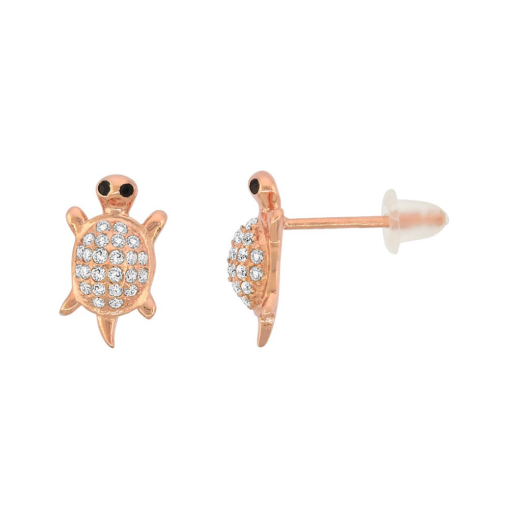 Sterling Silver Cubic Zirconia Turtle Stud Earrings - 7/16 Inch Wide Micro Pave Design - Perfect for Everyday Wear, Gifts & Beach-Themed Jewelry