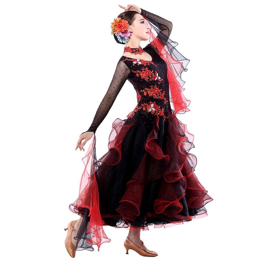 Elegant Women's Modern Waltz Tango Smooth Ballroom Dance Dress - Standard Competition Dress (Size 2XL) in Black - Perfect for Ballroom Dancing, Latin Dance & Professional Performances