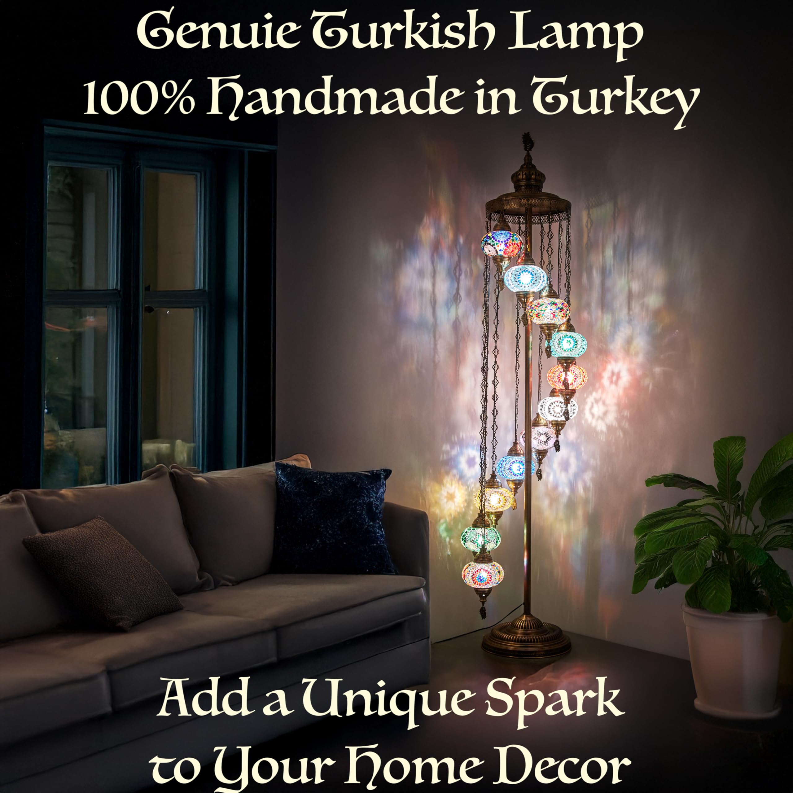 DEMMEX 11 Globe Turkish Floor Lamp - 7ft Tall Moroccan Mosaic Standing Lamp, Handmade Tiffany-Style Decorative Lighting for Bedroom & Living Room - Red-Brown Finish | Perfect for Boho Home Decor, Cozy Reading Nook & Ambient Living Space Lighting