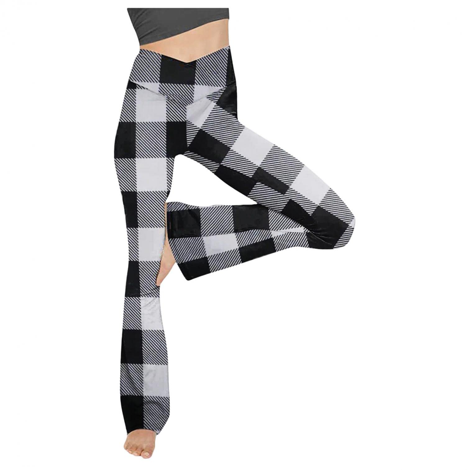 High Waisted Leggings for Women - Plaid Flare Yoga Pants with Bootcut & Wide Leg Design for Workouts, Yoga & Casual Wear | Comfortable Stretchy Activewear