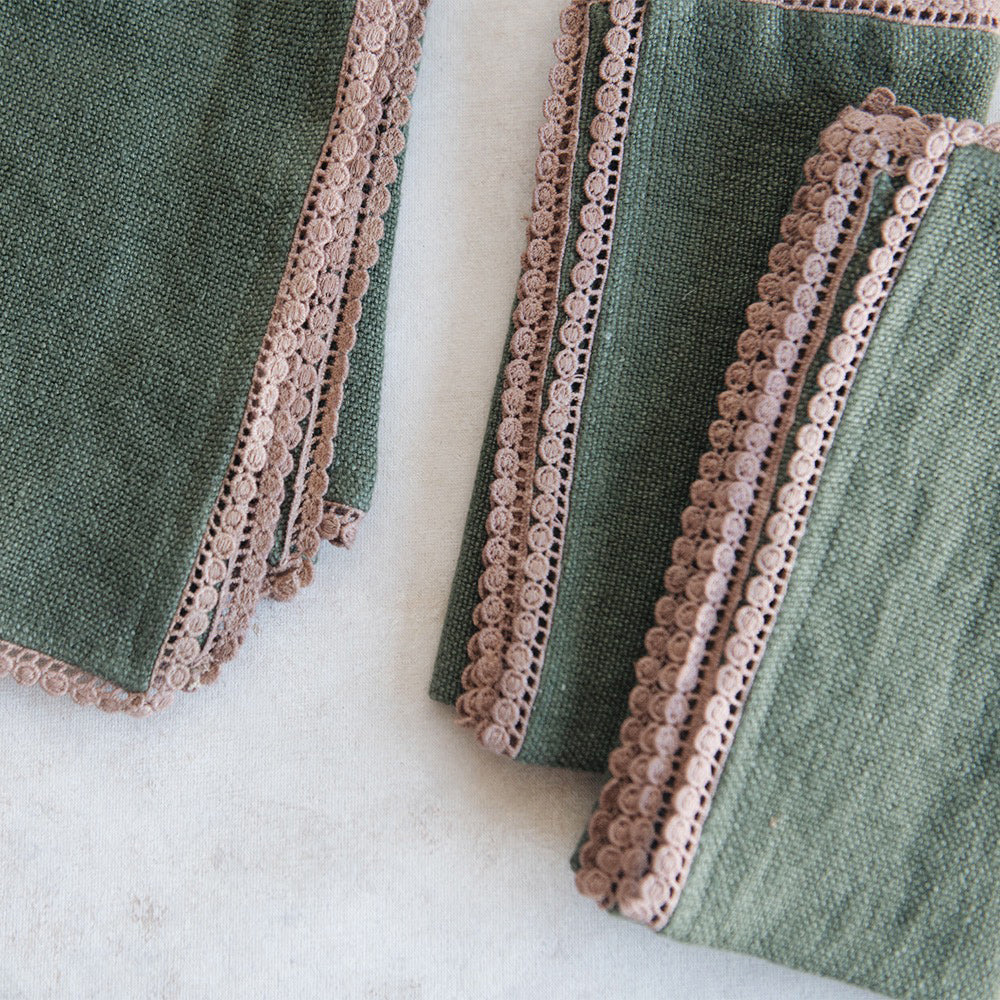 Premium Heavyweight Table Linens with Elegant Lace Trim - Olive Green - Perfect for Weddings, Dinner Parties & Formal Dining Room Decor