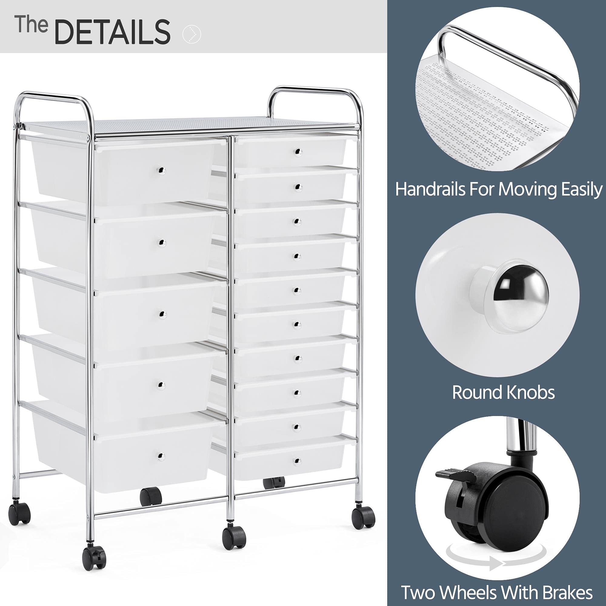 Yaheetech 15-Drawer Rolling Cart - Mobile Storage Organizer for Home & Office, White