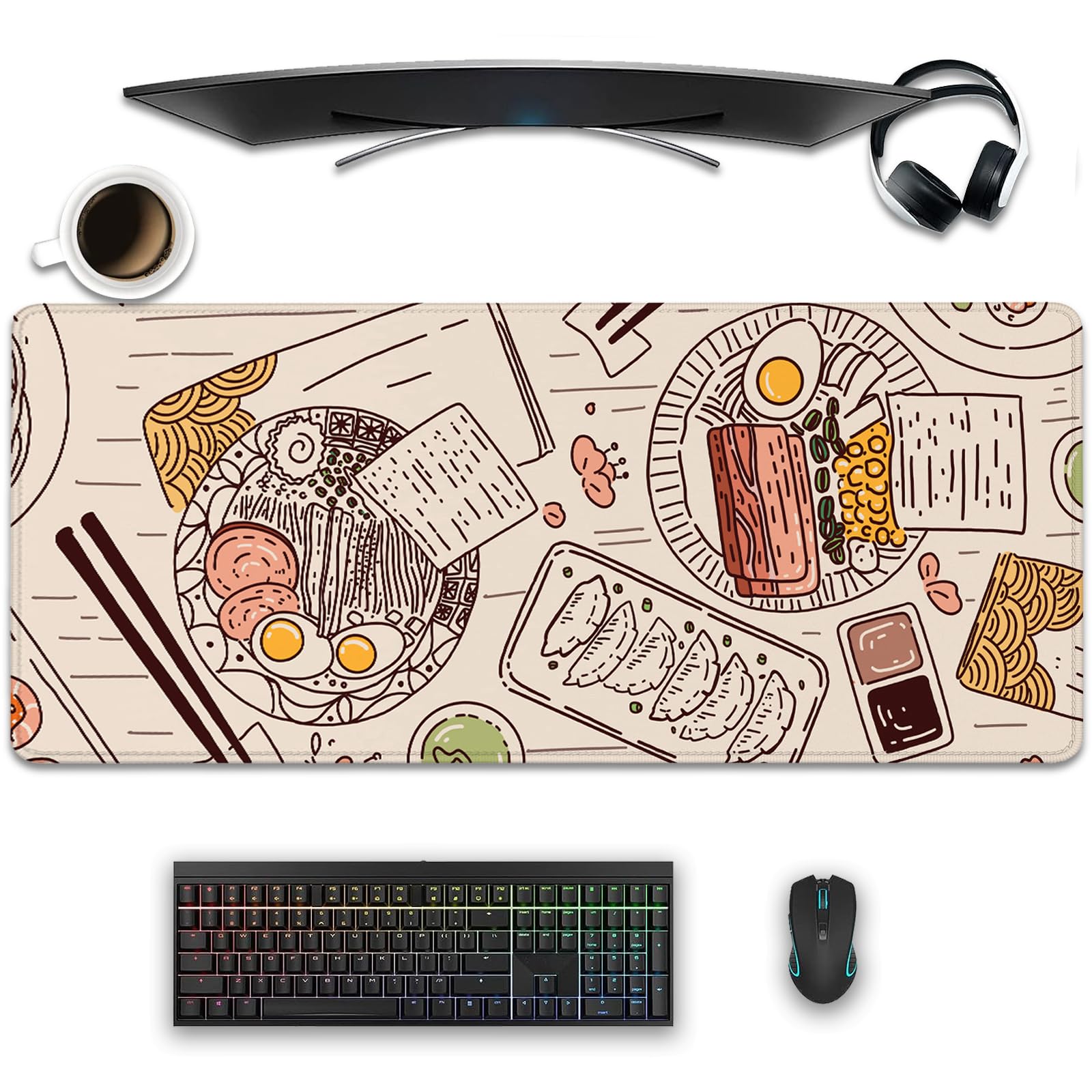 Japanese Ramen Sushi Themed Large Desk Mat - 27.5x11.8 Inch Non-Slip Mouse Pad for Gaming, Office & Home Workspace - Perfect for Anime Lovers, Food Enthusiasts & PC Gamers (Black)