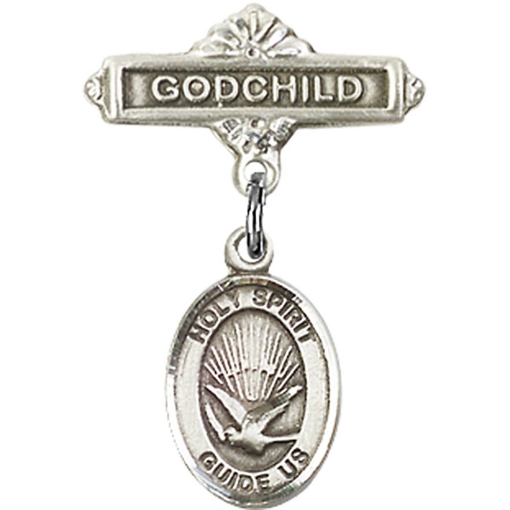 1 X 5/8 Inch Sterling Silver Baby Badge with Holy Spirit Charm - Godchild Gift Pin for Christening, Baptism & Religious Ceremonies