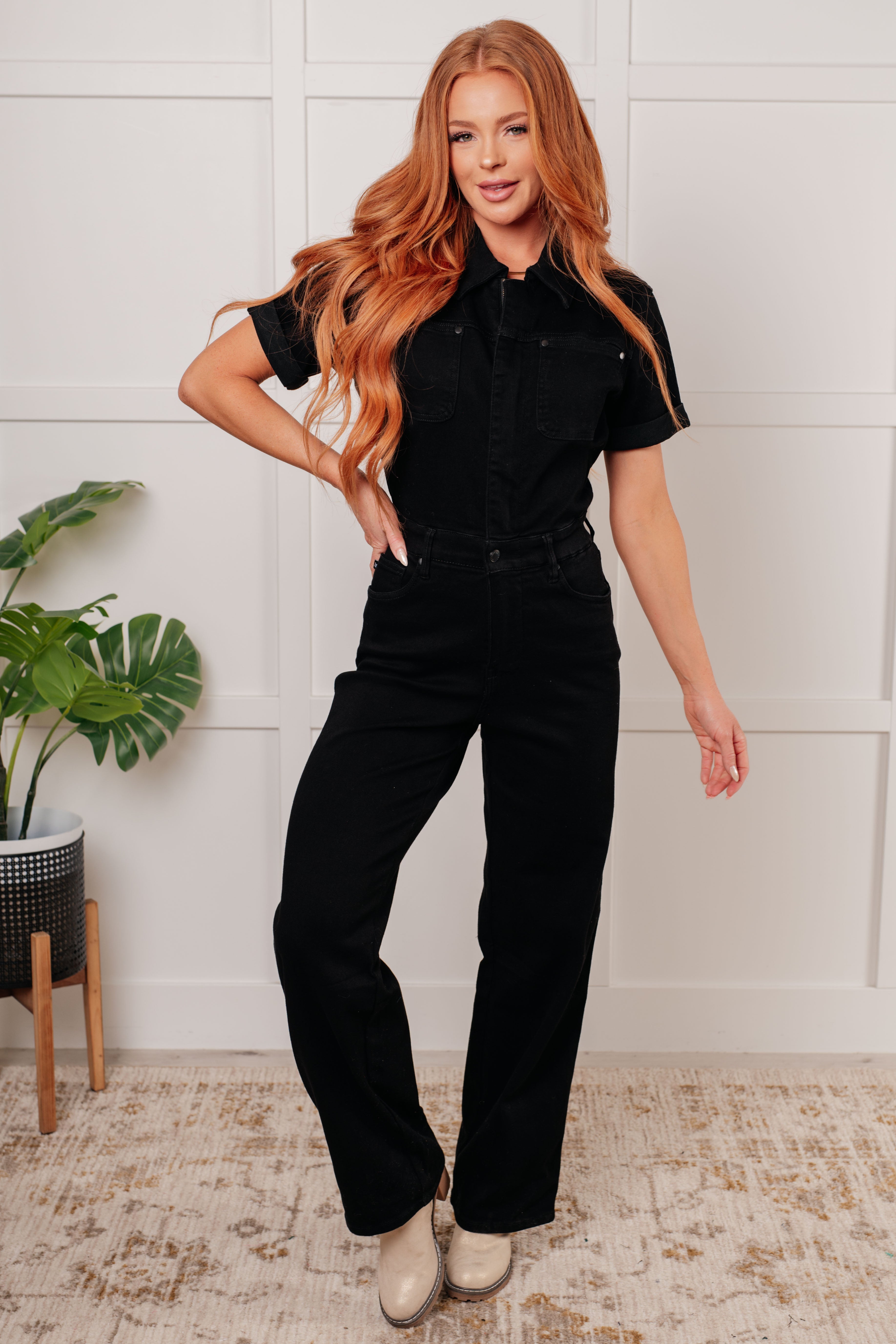 Tilda Short Sleeve Control Top Denim Jumpsuit for Women - Slimming Stretch Romper with Pockets | Perfect for Casual Outings, Date Nights & Summer Fashion
