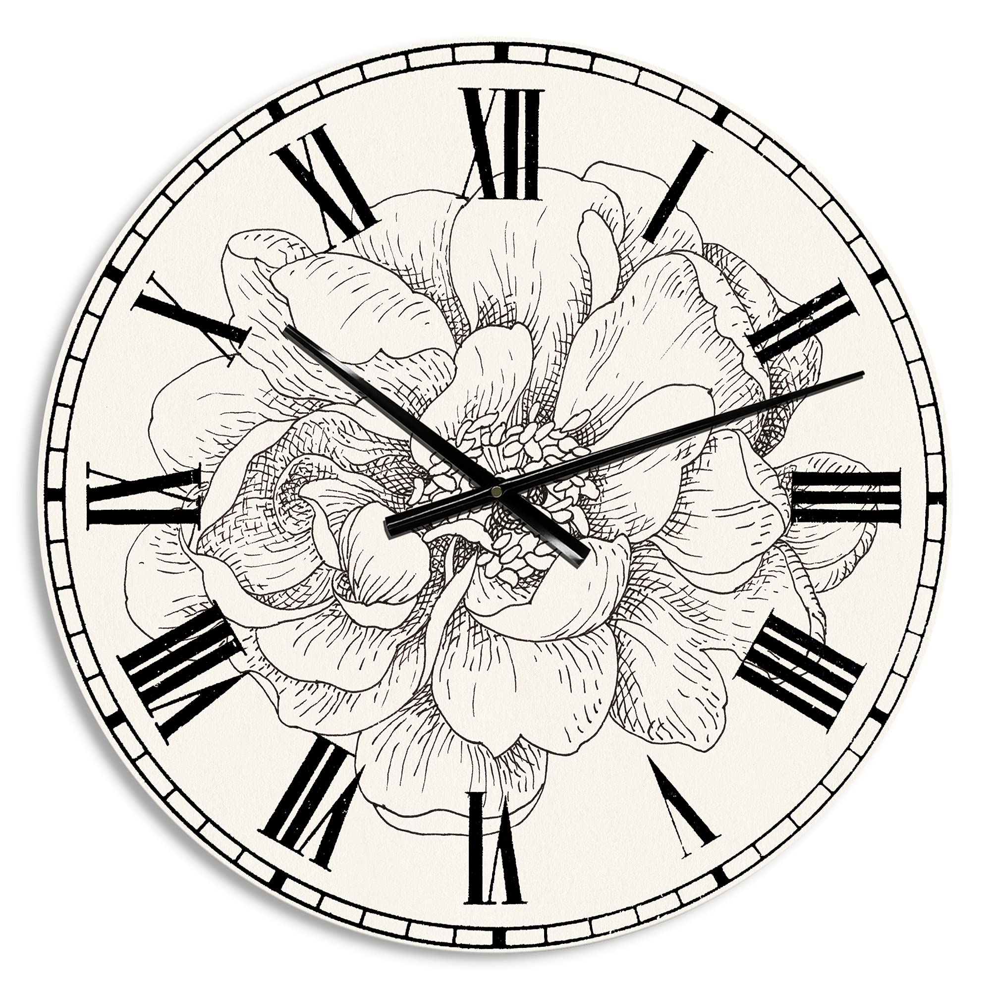 DesignQ 'Pen and Ink Florals IV' Farmhouse Wall Clock - Vintage Floral Decor for Home, Bedroom, Bathroom, Office & Living Room - Perfect for Rustic, Boho & Farmhouse Style Interiors