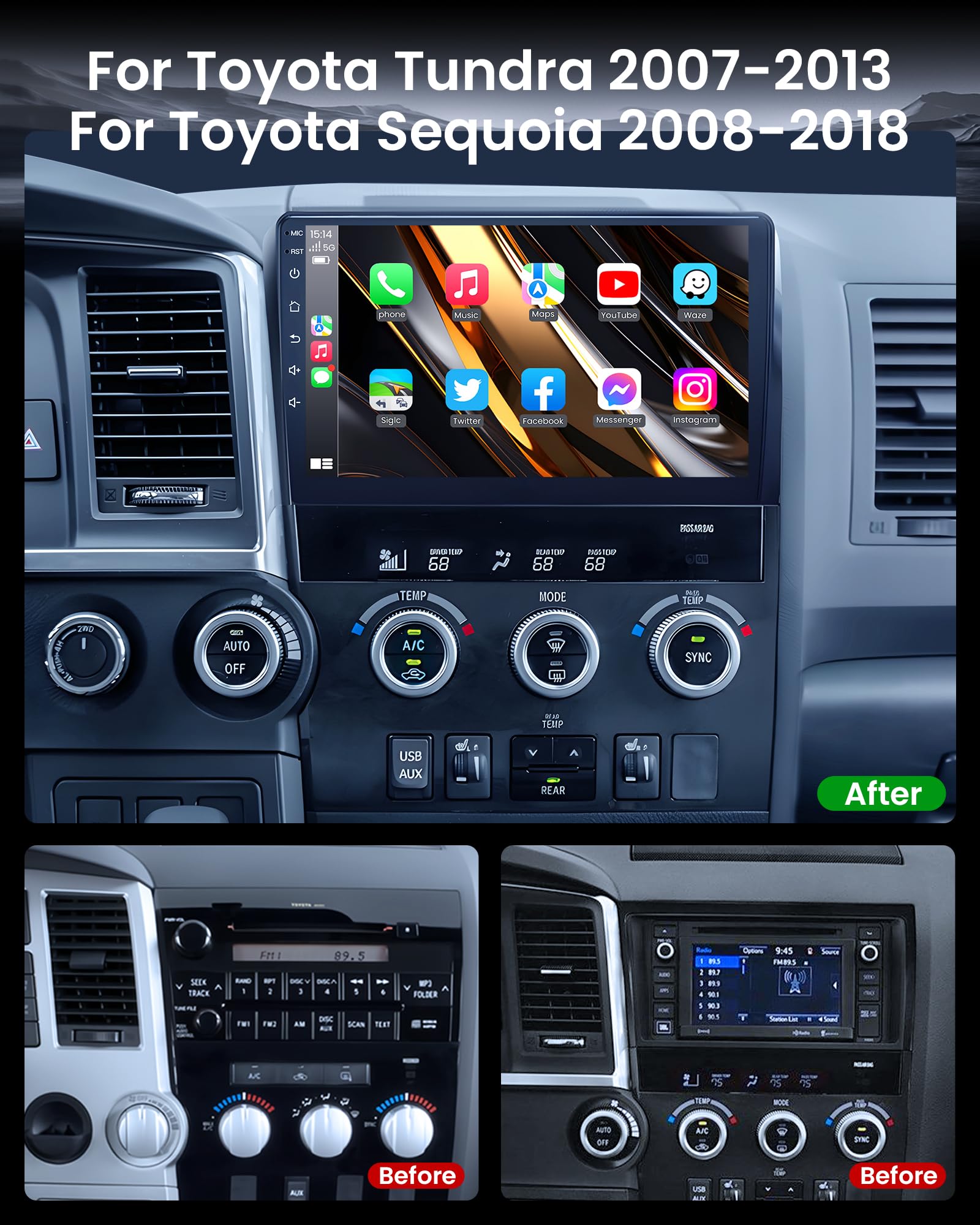 10.1 Inch Touchscreen Car Stereo for Toyota Tundra 2007-2013 & Sequoia 2008-2016 - Wireless CarPlay, Android Auto, GPS Navigation, 5G WiFi, AHD Backup Camera, Bluetooth, RDS FM, SWC - Perfect for Road Trips & Daily Commutes