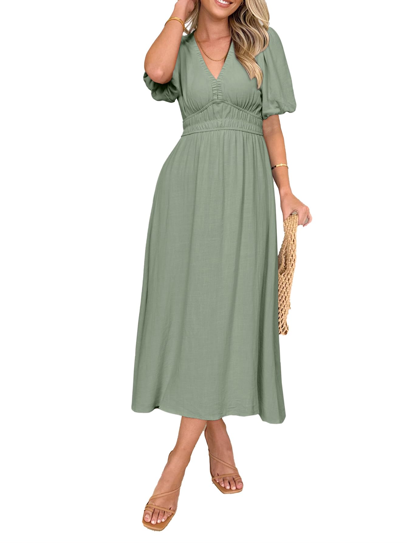 Simplee Women's Summer Boho Maxi Dress - Casual V-Neck Puff Sleeve Flowy Linen Dress for Beach, Wedding Guest & Vacation | Perfect for Outdoor Parties, Date Nights and Summer Getaways