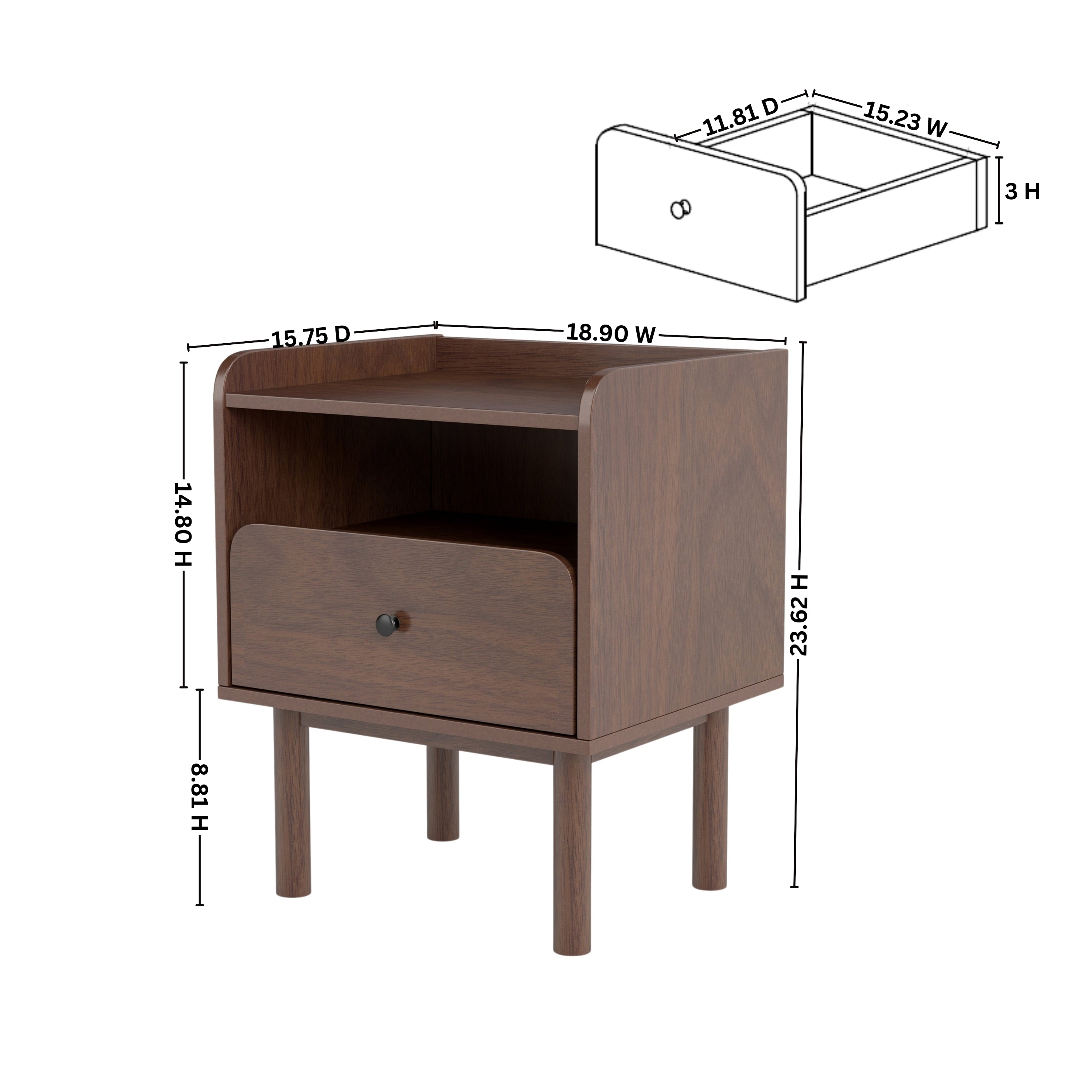 Roundhill Furniture Wyller Dual Tier Storage Nightstand - Modern Side Table with Natural Walnut Finish for Bedroom, Living Room & Office Organization