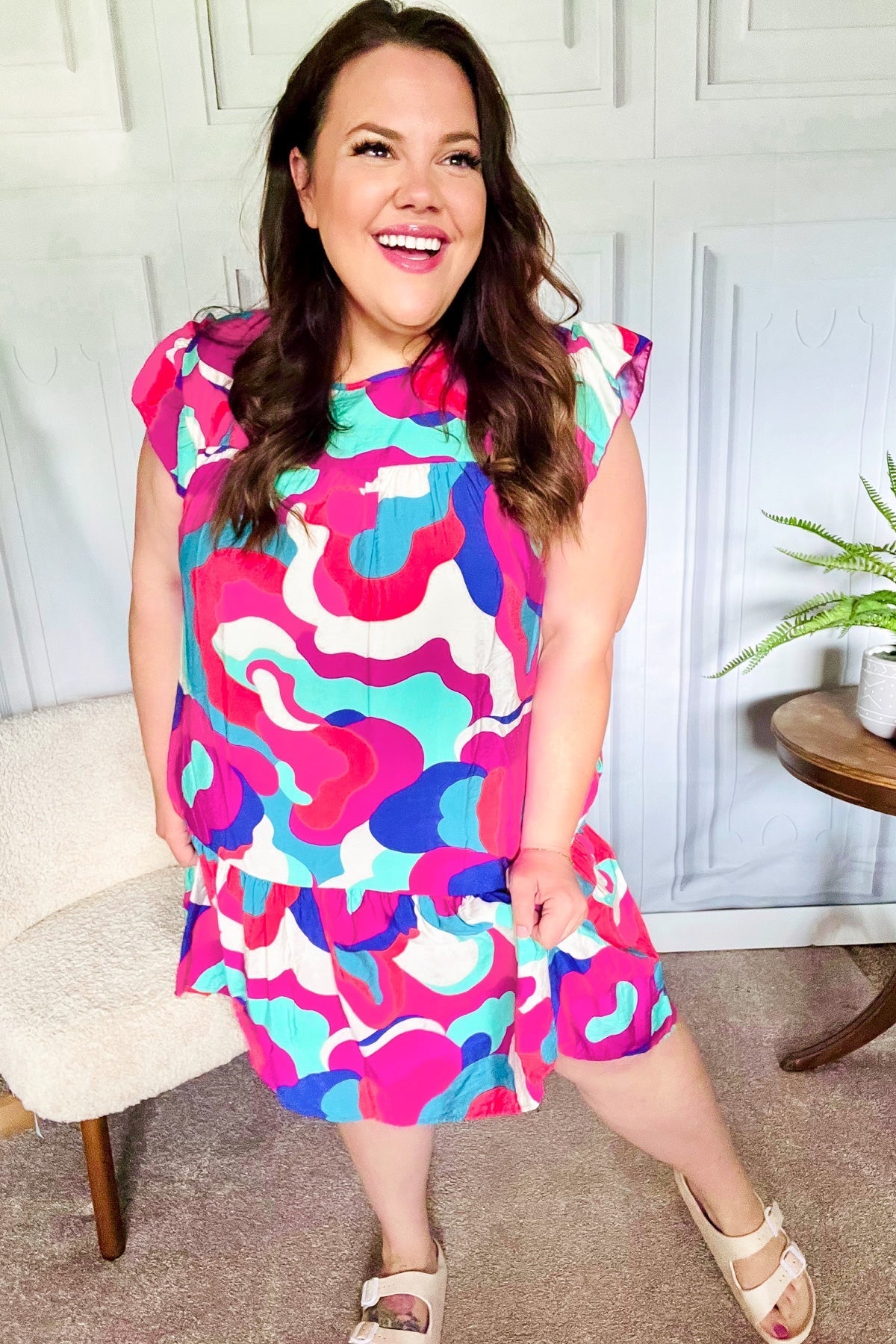 Go For Fun Fuchsia Geo Print Tiered Ruffle Sleeve Woven Dress for Women | Summer Casual Party Wear | Perfect for Beach Vacations, Date Nights & Outdoor Events