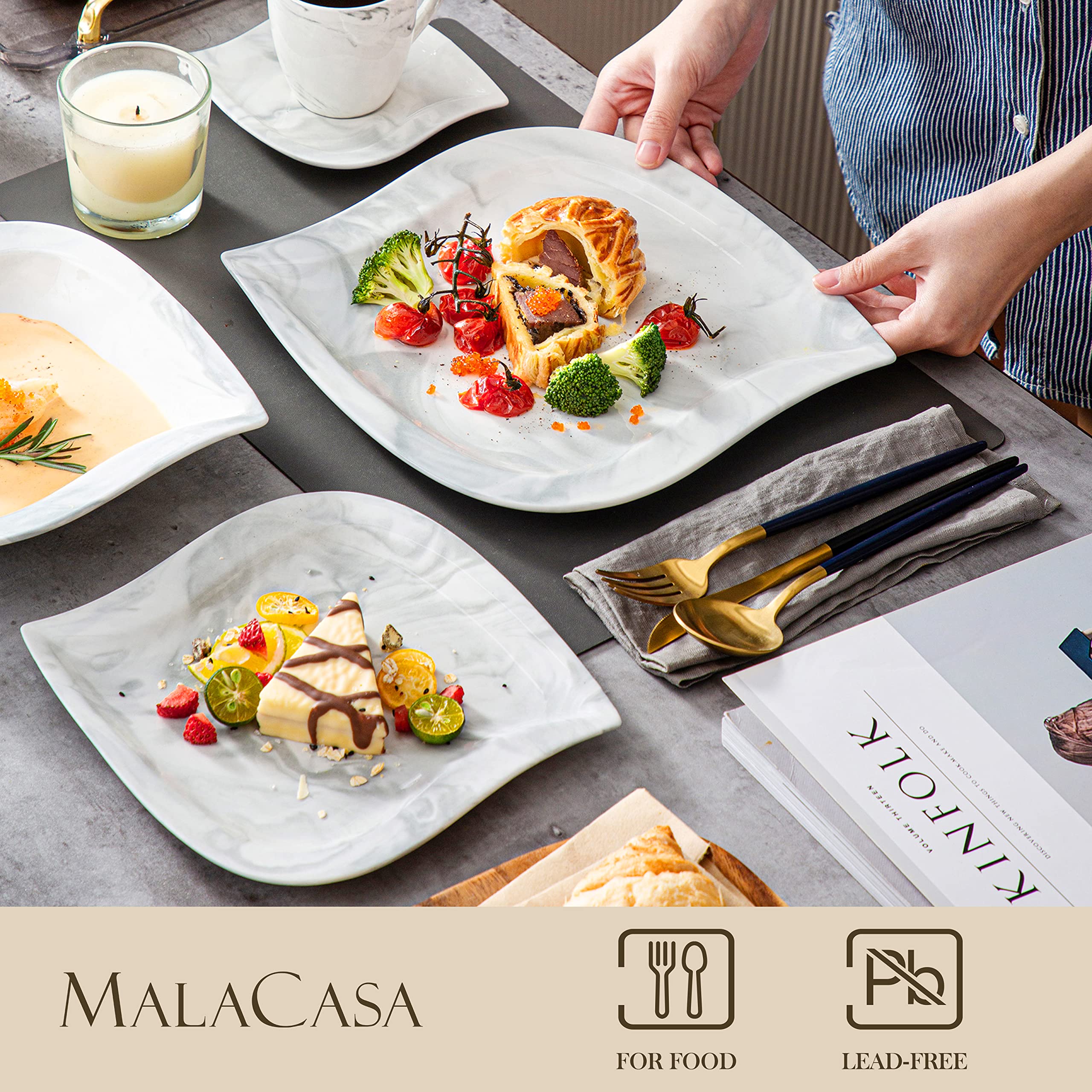 30-Piece MALACASA Porcelain Dinnerware Set for 6 - Modern Square Plates, Bowls, Cups & Saucers - Marble-Look Dish Set (Elvira Series) - Perfect for Family Dinners, Entertaining Guests & Restaurant-Style Dining