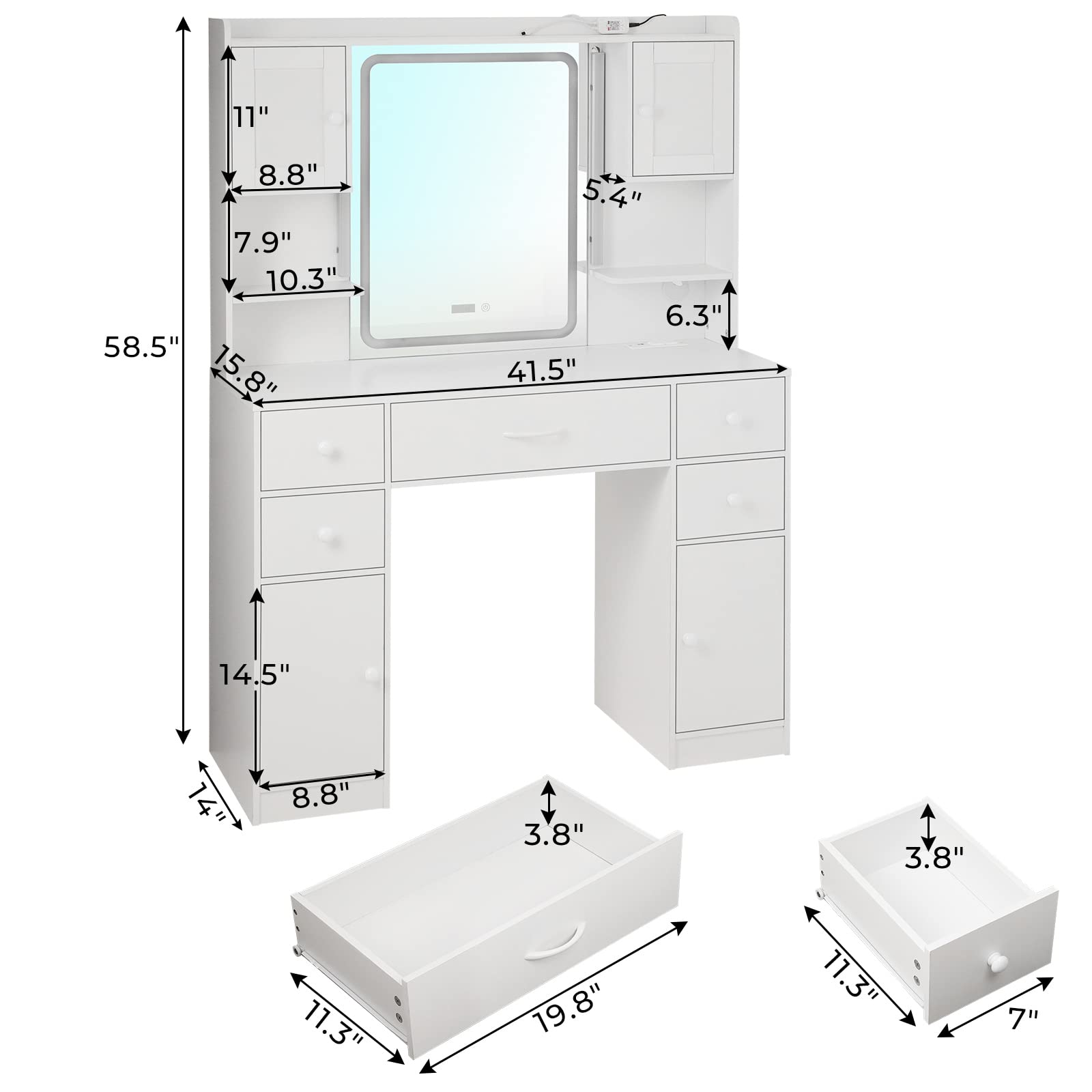 Tiptiper White Vanity Desk with LED Mirror & Digital Clock - Makeup Dressing Table with 5 Drawers, 4 Cabinets, Power Outlet & Ambient Lighting - Perfect for Bedroom, Dorm Room & Beauty Salon