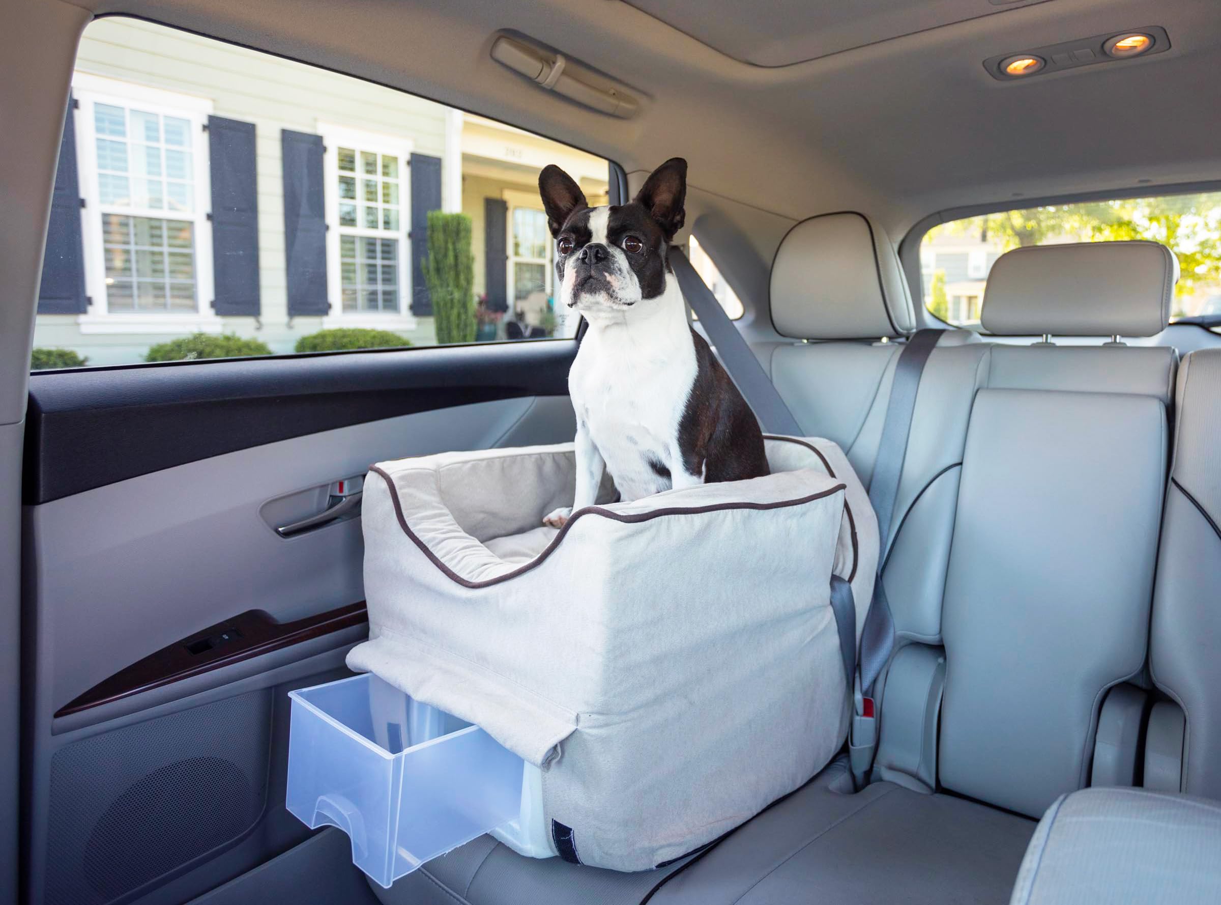 Snoozer Lookout II Small Dog Car Seat with Storage Tray - Pet Booster Seat for 0-15 lb Dogs, Buckskin & Java Fabric, Washable Cover - Prevents Car Sickness, Perfect for Road Trips & Vet Visits