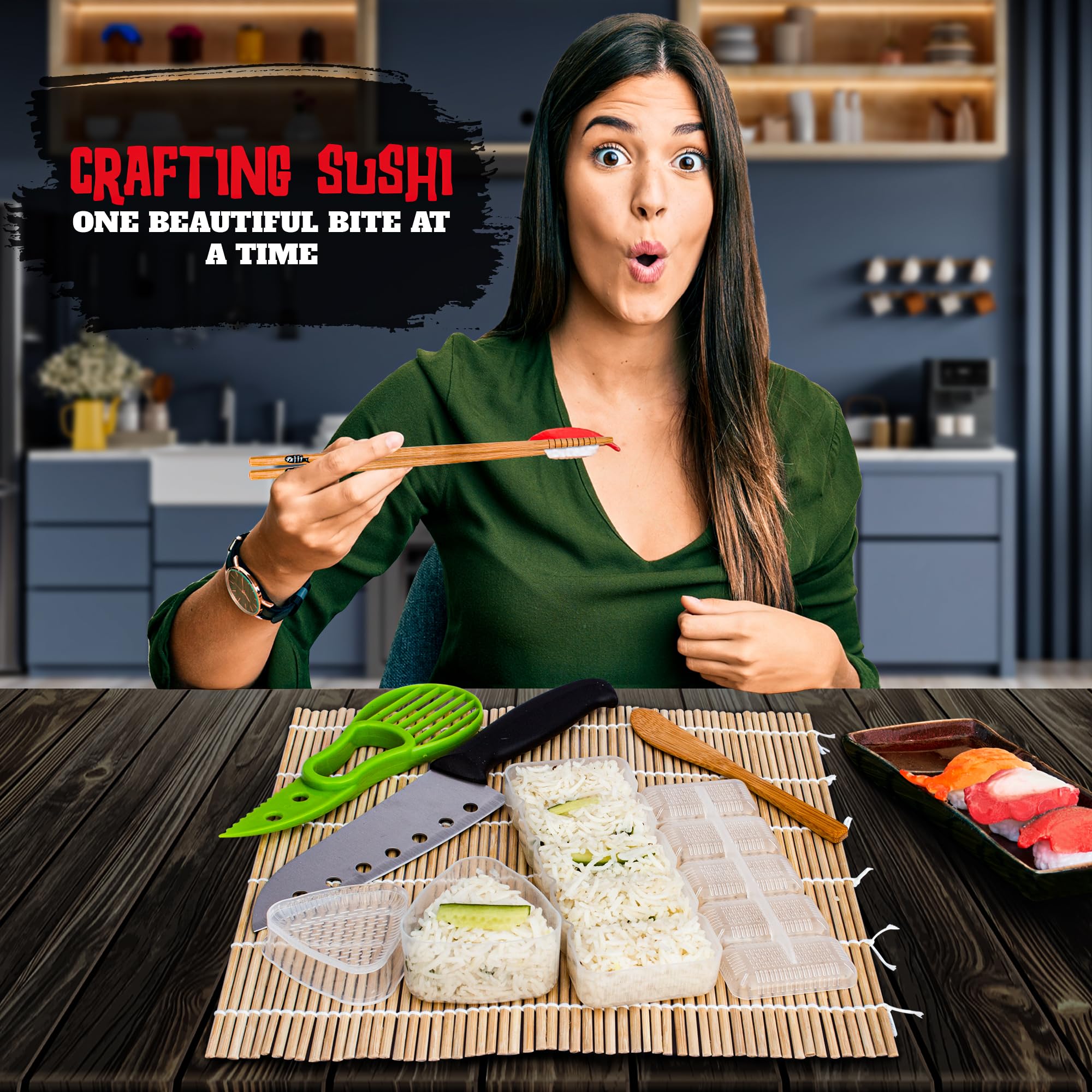 **22-in-1 Sushi Making Kit for Beginners – Sushi Bazooka, Roller, Bamboo Mat, Avocado Slicer, Knife, Mold, Chopsticks & Sauce Dishes – Perfect for Home Cooking, Parties & Japanese Cuisine Lovers**