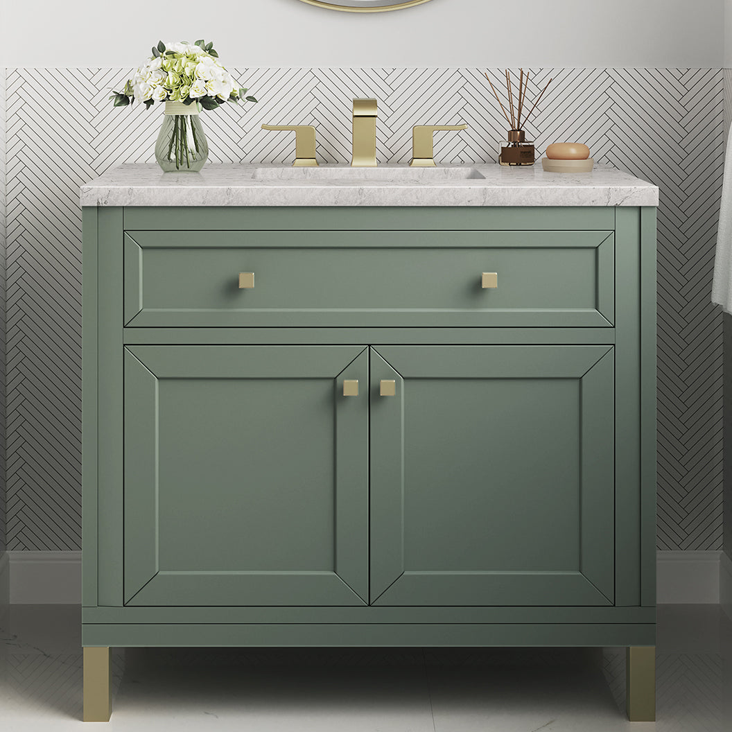 James Martin Vanities Chicago Collection 36 Inch Single Bathroom Vanity in Smokey Celadon with Countertop Options - Modern Farmhouse Style for Small Bathrooms & Powder Rooms