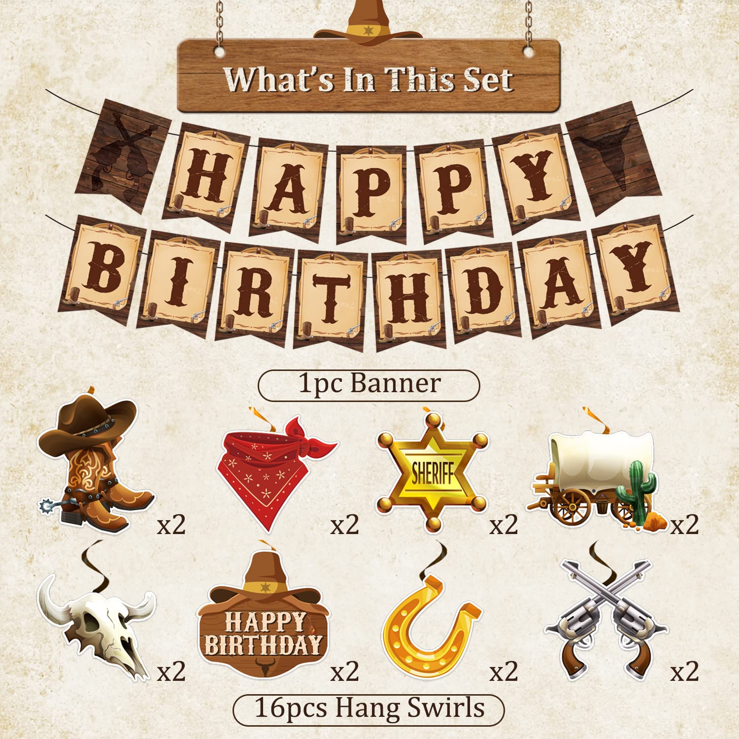 Western Cowboy Party Decorations - Cowboy Theme Birthday Supplies with Happy Birthday Banners & Hanging Swirls for Boys | Perfect for Wild West Parties, Cowboy Birthday Celebrations, and Western-Themed Events