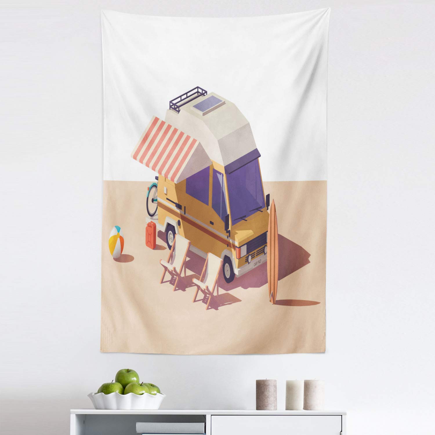 Ambesonne RV Tapestry Wall Art - Classic Camper Van with Surfboard & Chairs Design - 30
