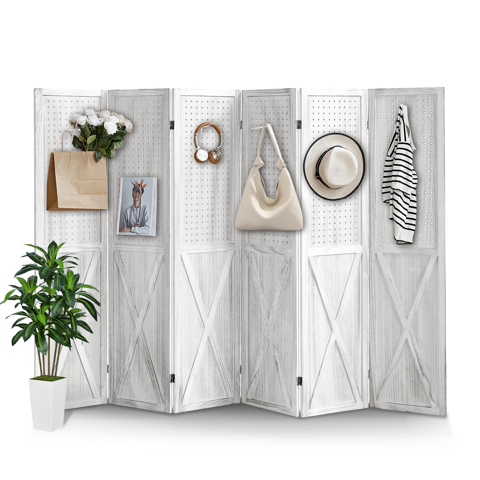 6 Panel Pegboard Room Divider & Folding Privacy Screen - 5.6Ft Tall Portable Display Stand Organizer for Home, Office, and Retail Spaces (White) - Perfect for Room Separation, Craft Shows, and Trade Displays