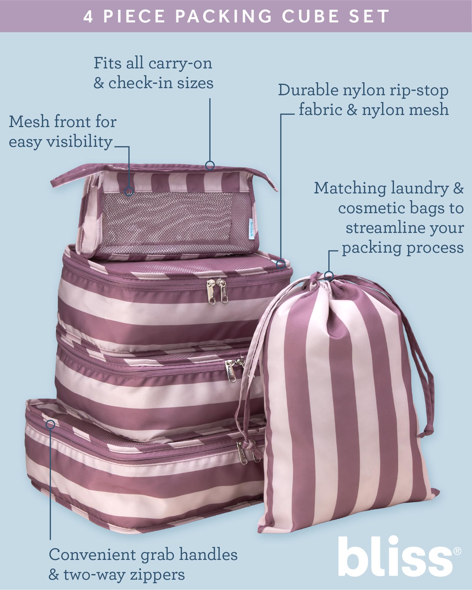 Bliss 5-Piece Packing Cubes Set for Travel - Compression Organizer Bags with Mesh Front & Two-Way Zippers - Perfect for Luggage, Road Trips, Toiletry & Cosmetics Storage (Pink Gaze) - Ideal for Business Trips, Vacation Packing & Suitcase Organization