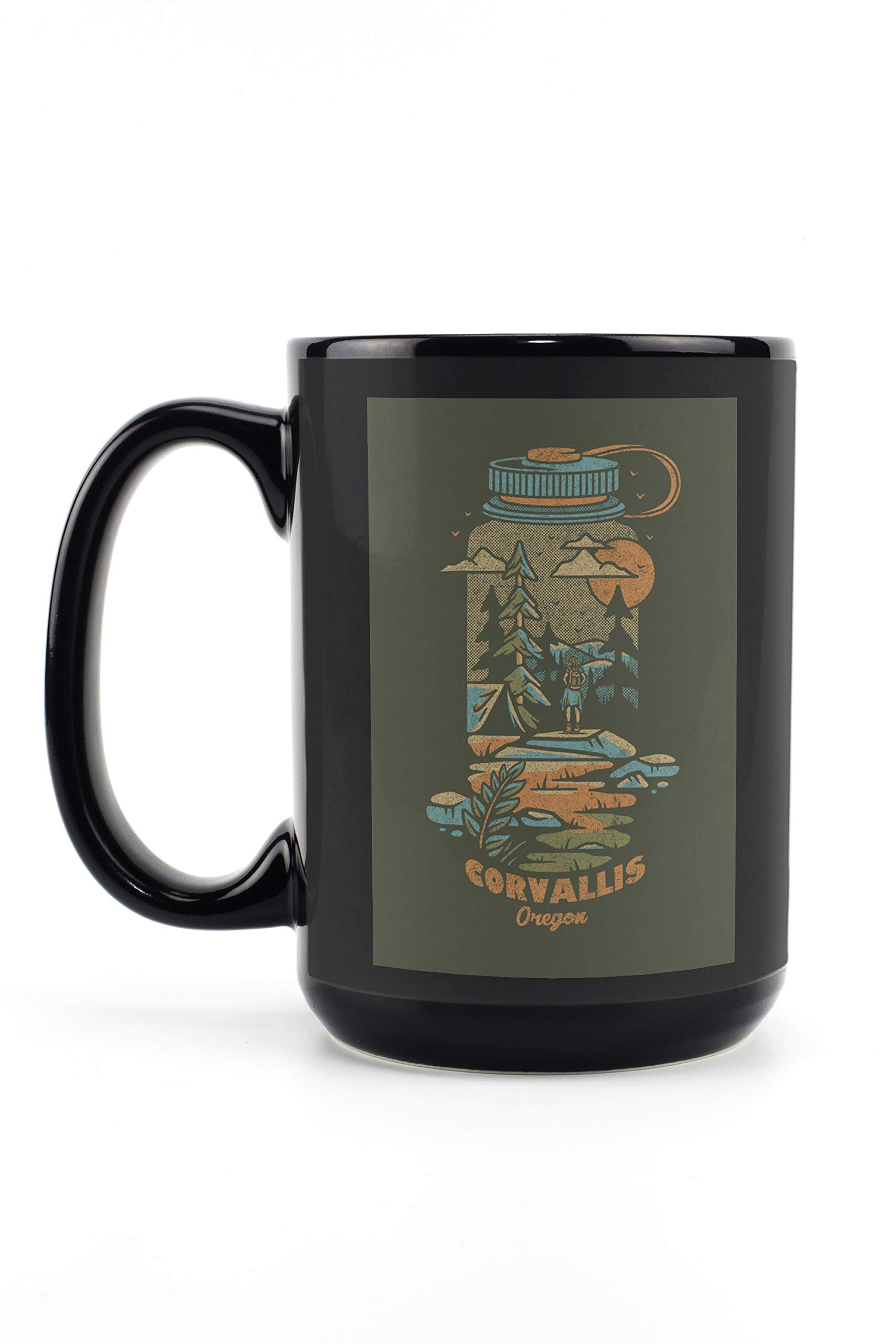 Corvallis Oregon Distressed Vector Water Bottle - 15oz Black Ceramic Coffee & Tea Mug - Dishwasher & Microwave Safe - Perfect for Office, Camping & Travel
