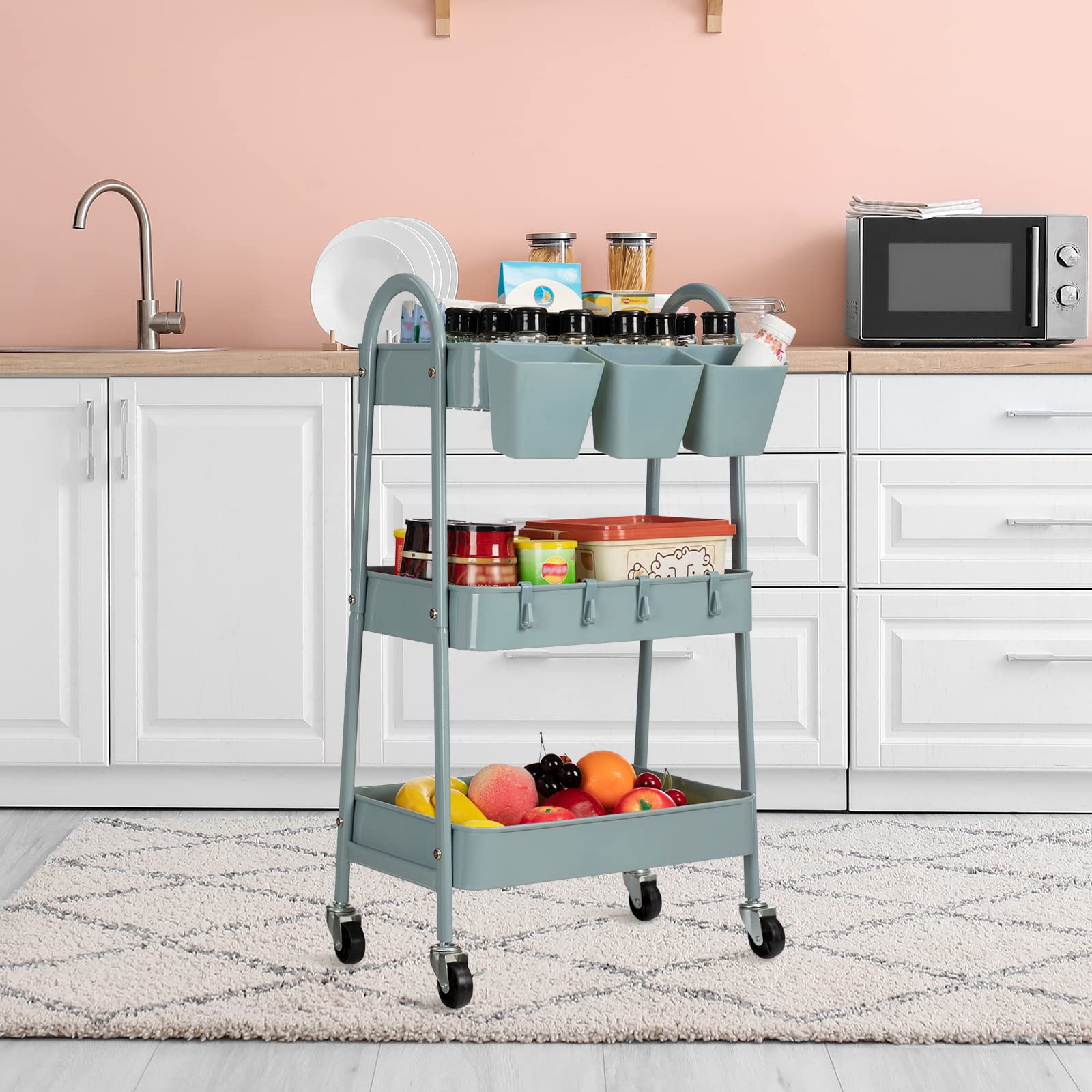3-Tier Rolling Cart with Lockable Wheels & Hanging Hooks - Metal Storage Cart for Kitchen, Bathroom, Office & Workshop - Mobile Utility Cart in Gray Blue - Perfect for Organizing Supplies, Beauty Products & Cleaning Tools