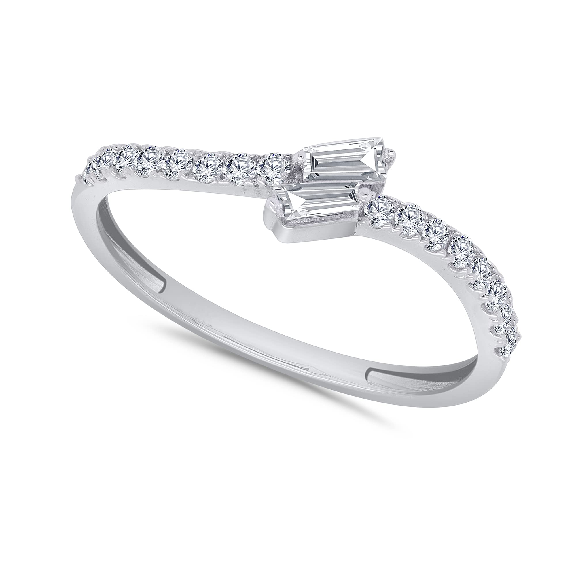 14K Gold Plated 925 Sterling Silver Two Stone Bypass Band Ring - 0.30 Ct Round & Baguette Diamond Ring for Women, Elegant Fine Jewelry Gift for Her (H-I Color, I2 Clarity) - Perfect for Anniversaries, Engagements & Special Occasions