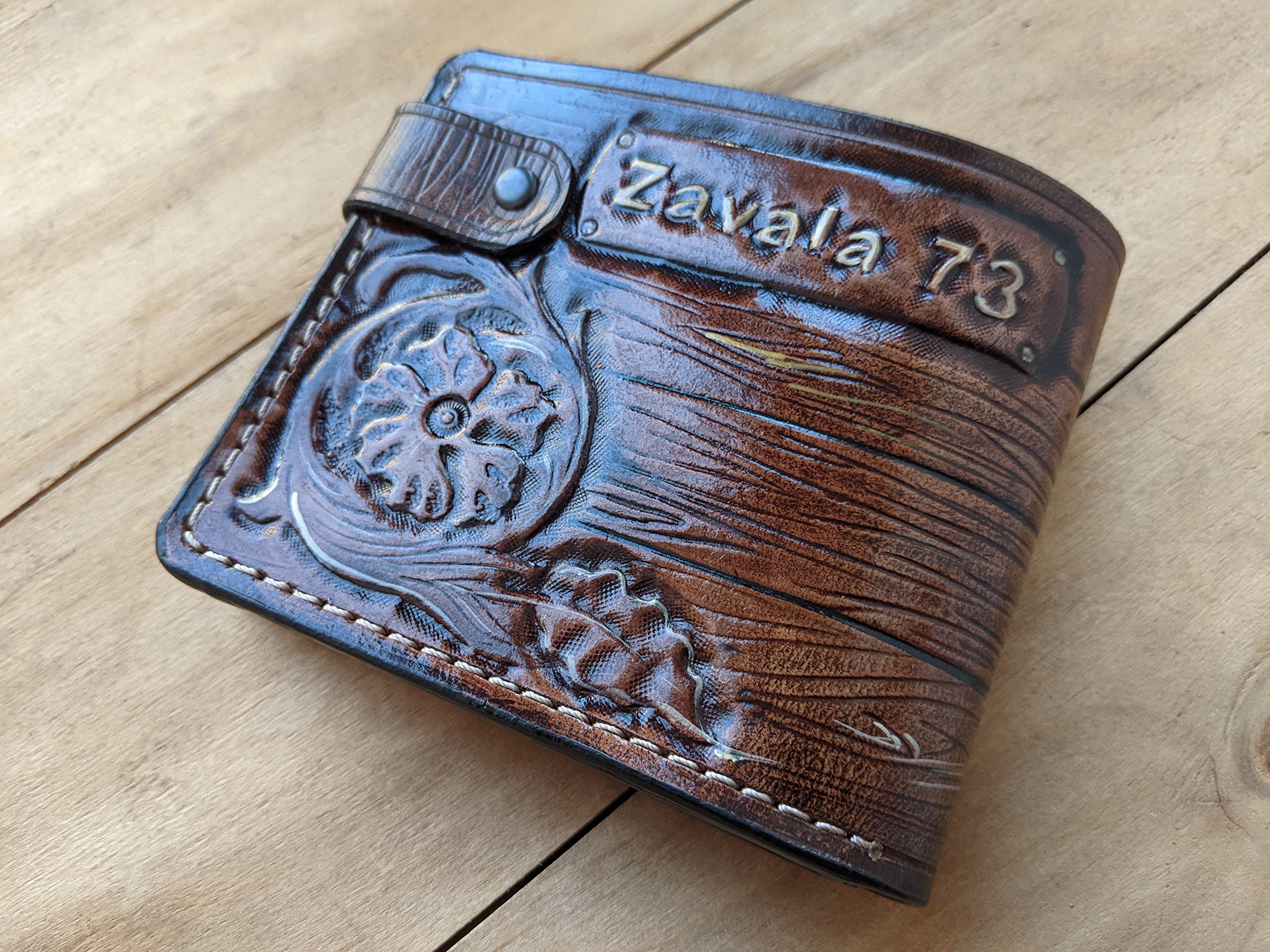 Sheridan Style Western Leather Wallet for Men - Handmade Genuine Leather Bifold Wallet with Floral Embossed Design, Cowboy Skull & Revolver Airbrush Art - RFID Blocking Biker Wallet - Perfect for Western Enthusiasts, Bikers & Gothic Fashion Lovers