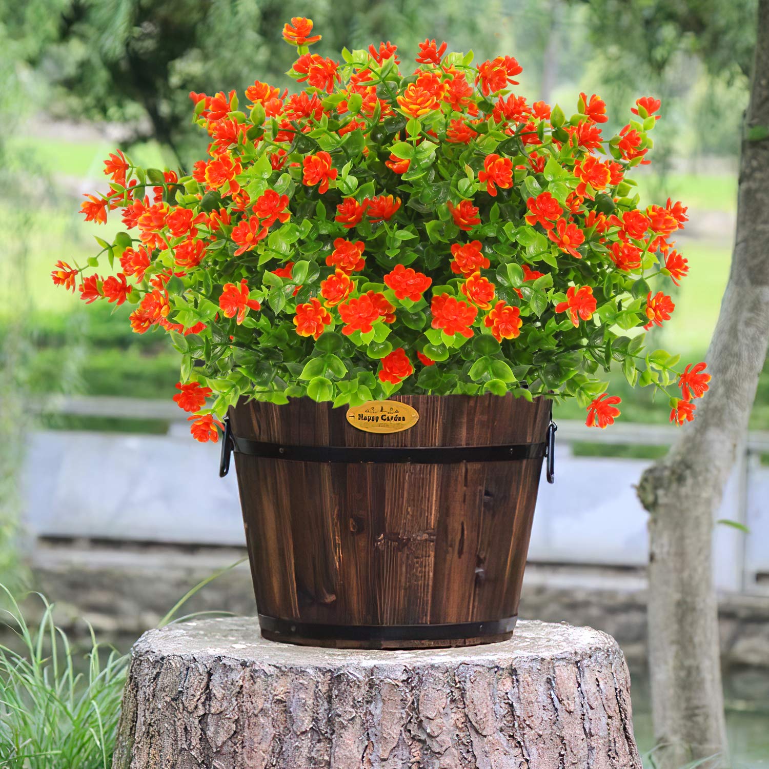 UV Resistant Artificial Flowers Outdoor - 20 Bundles Fake Plastic Flowers & Greenery Shrubs for Garden, Patio, Porch Decor (Orange Red) | All-Weather Faux Plants for Home, Wedding, and Commercial Decoration