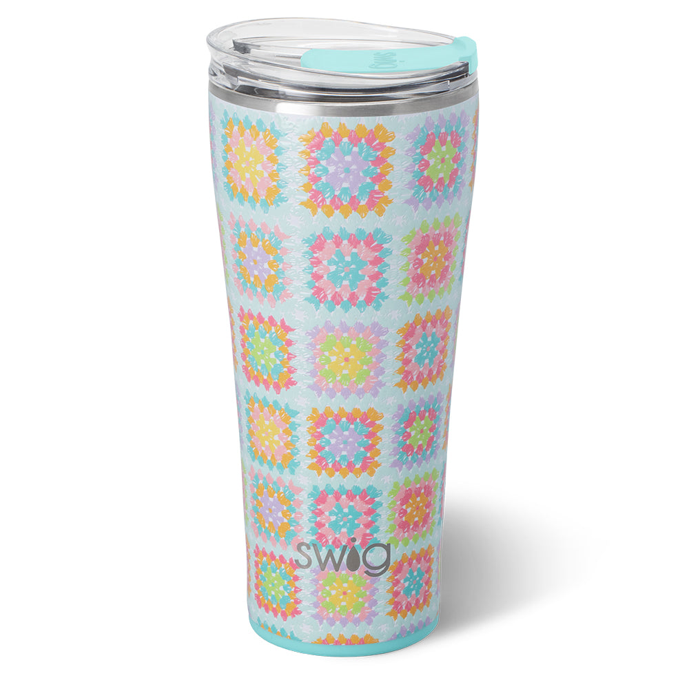32oz Insulated Granny Squares Tumbler - Vintage Crochet Pattern Stainless Steel Cup with Lid & Straw, Perfect for Hot/Cold Drinks, Coffee, Tea, Iced Beverages - Great for Home, Office, Travel & Gifts