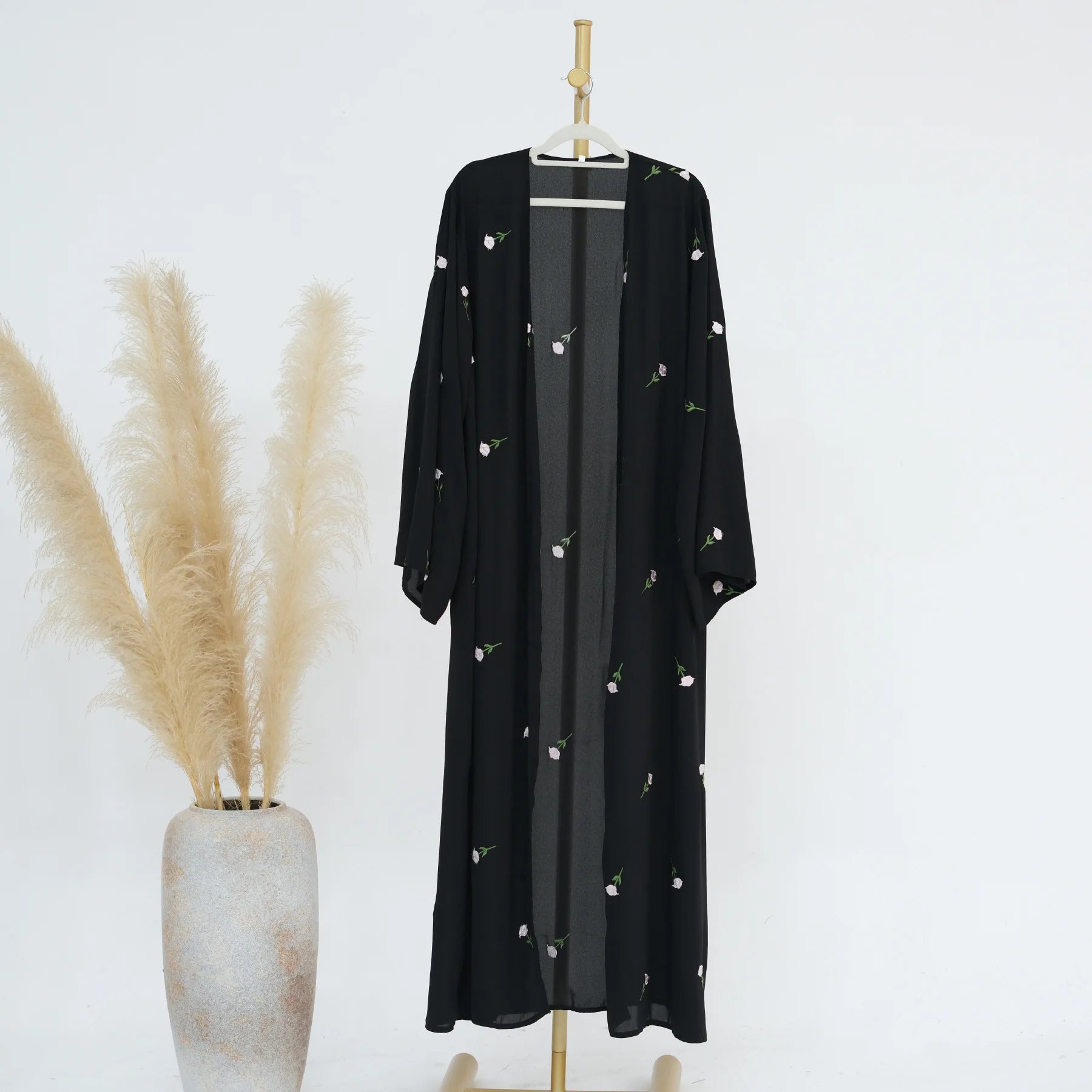 Elegant Black Embroidery Kimono Cardigan Abaya - Stylish Muslim Women's Cover-Up for Prayer, Home & Special Occasions