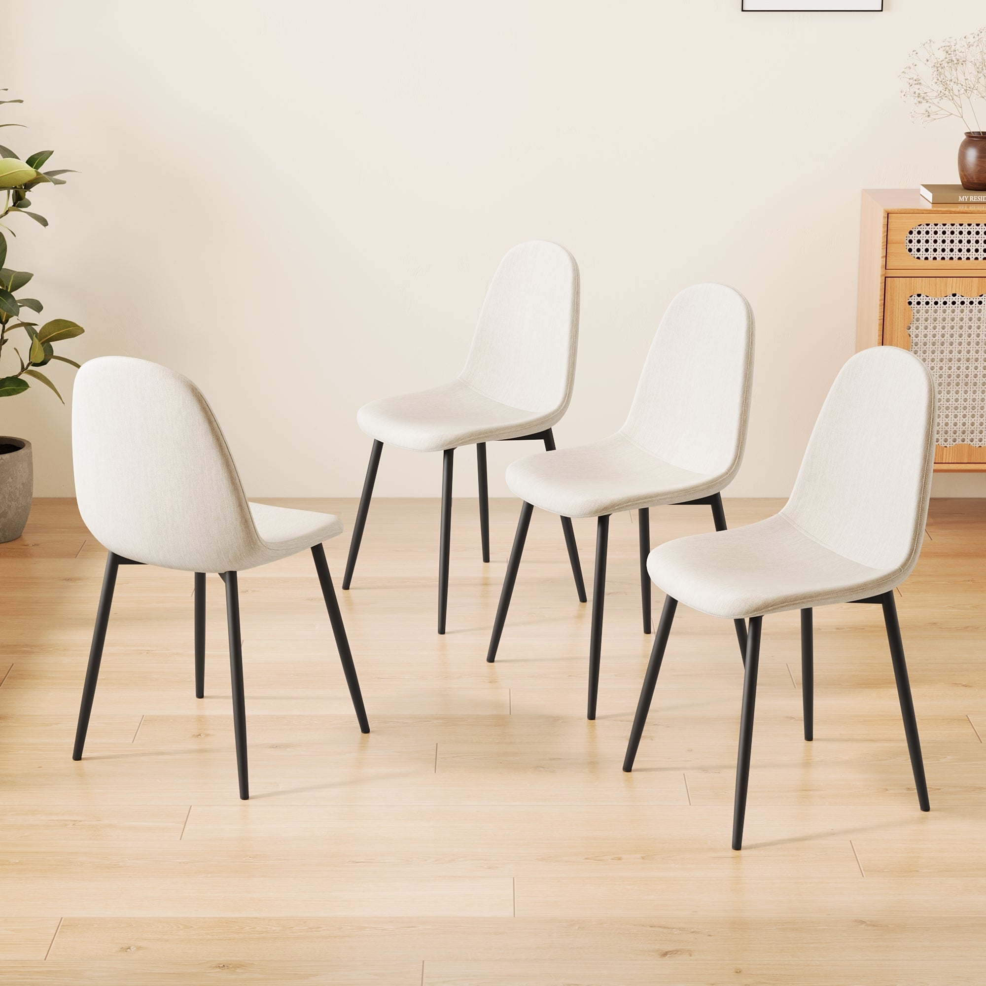 4-Piece Modern Dining Chairs Set - Linen Padded Seats with Sturdy Black Metal Legs (Beige) - Perfect for Kitchen, Dining Room, Home & Office Use