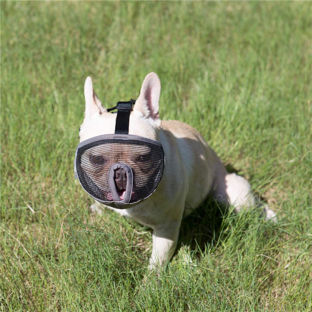 Adjustable Breathable Mesh Dog Muzzle for Bulldogs & Short Snout Breeds - Anti-Biting Chewing Licking - Grey Pet Grooming Mask for Training, Walks & Vet Visits