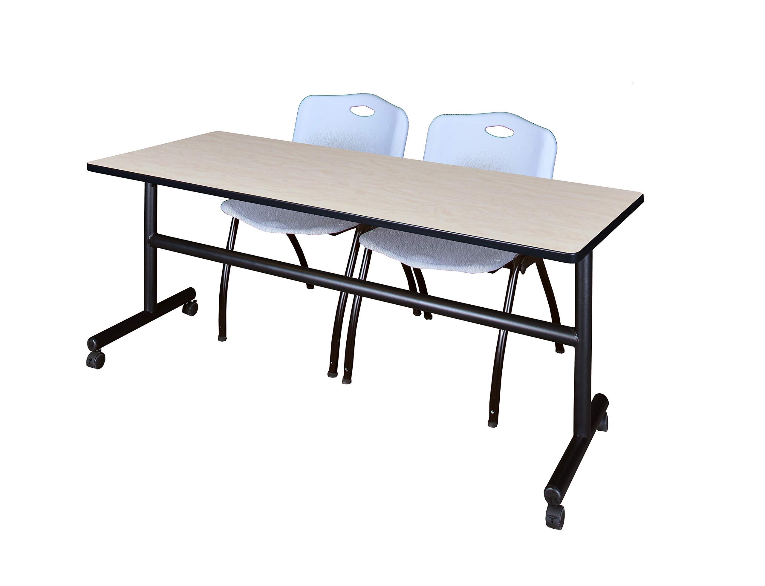 Kobe 72 Inch Flip Top Mobile Training Table with Maple Top & 2 Grey 'M' Stack Chairs - Foldable Conference Table for Home Office, Classroom, or Training Room