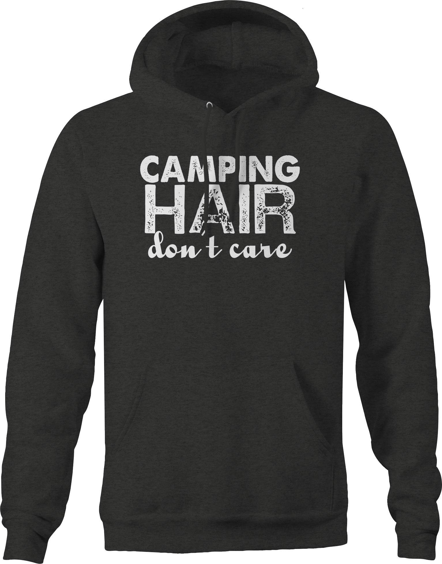 Men's Camping Hoodie - 'Hair Don't Care' Outdoor Nature Tent Shirt in Dark Grey | Perfect for Hiking, Backpacking & Camping Trips