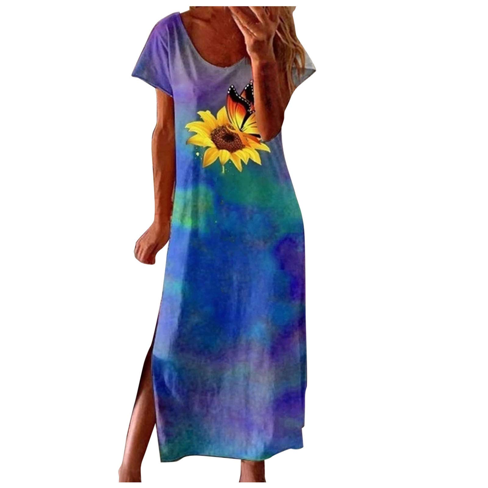 **Women's Vintage Bohemian Maxi Dress - Round Neck Short Sleeve Casual Summer Dress for Women - Perfect for Beach, Vacation, and Everyday Wear**