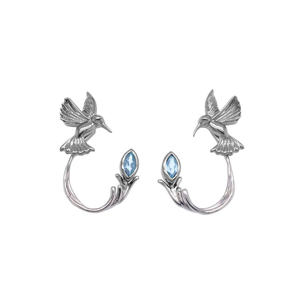 Silver Hummingbird Stud Earrings with Jacket - Blue Topaz, Rhodolite, White Topaz & Peridot Gemstones | Dainty Jewelry for Women, Gift for Her, Birthday & Anniversary Present