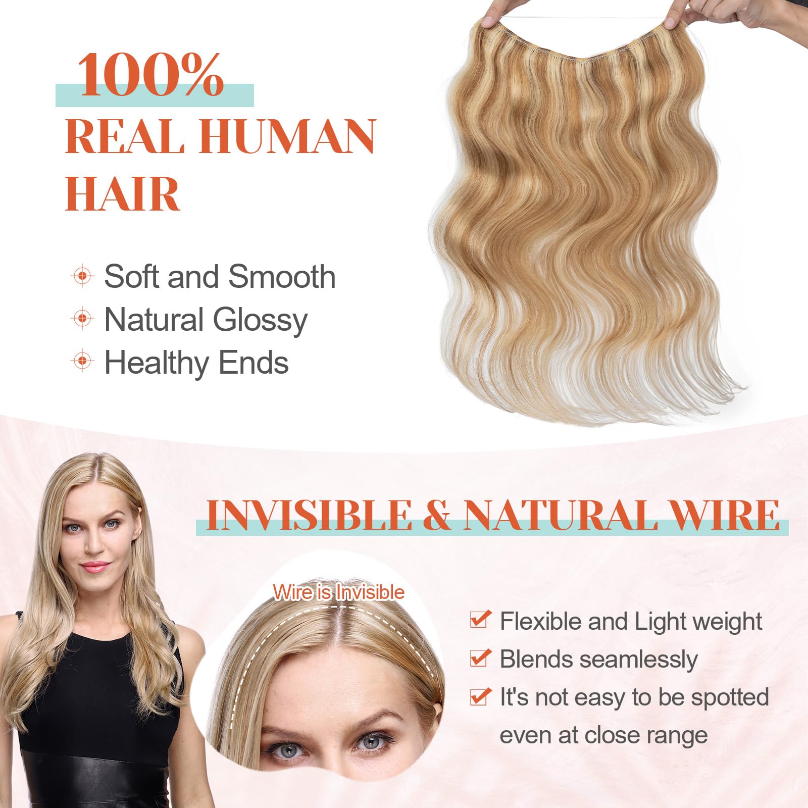Benehair Ombre Human Hair Extensions - Brown to Blonde Wavy 22 Inch 130g Full Head Hairpieces for Women | No Tape No Glue Seamless Fish Line Headband | Natural Volume Boost for Everyday & Special Occasions
