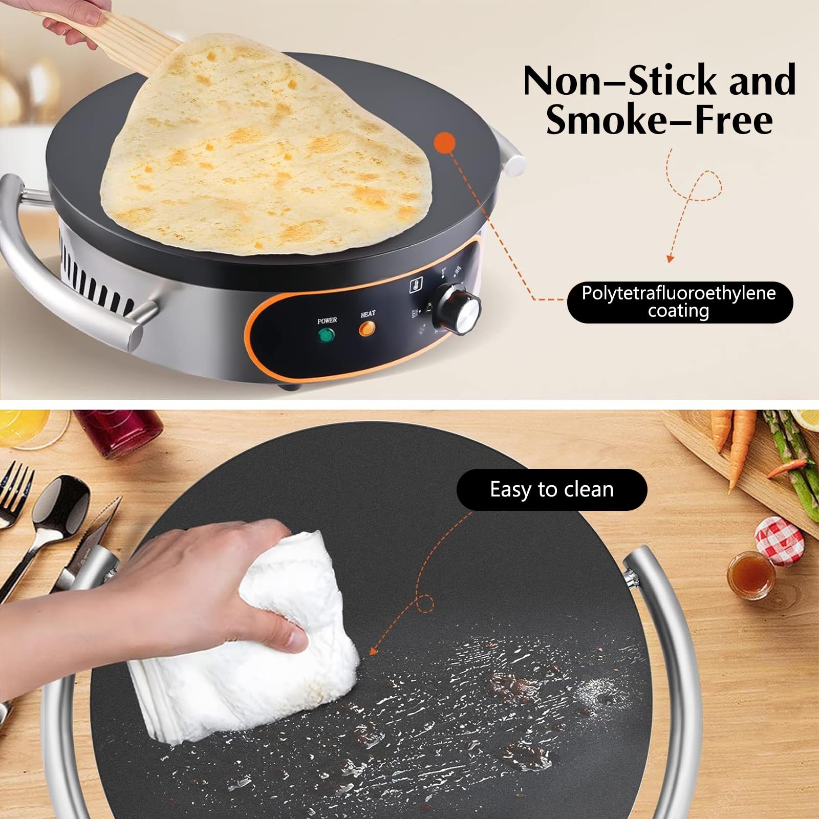 Commercial Crepe Maker Machine - 16 Inch Non-Stick Electric Crepe Griddle with Adjustable Temperature Control, 1500W Power & Thickened Cast Iron Cooking Plate - Perfect for Pancakes, Crepes, Tortillas in Restaurants, Cafes and Home Breakfast Cooking