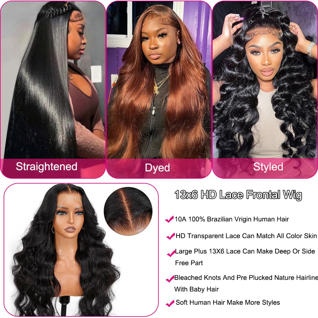 30 Inch 13x6 HD Lace Front Wig - 100% Brazilian Virgin Human Hair - 200% Density Body Wave - Pre-Plucked with Baby Hair - Glueless Frontal Wig for Women - Natural Black/Brown/Blonde Colors - Perfect for Daily Wear, Parties, Cosplay and Protective Styling