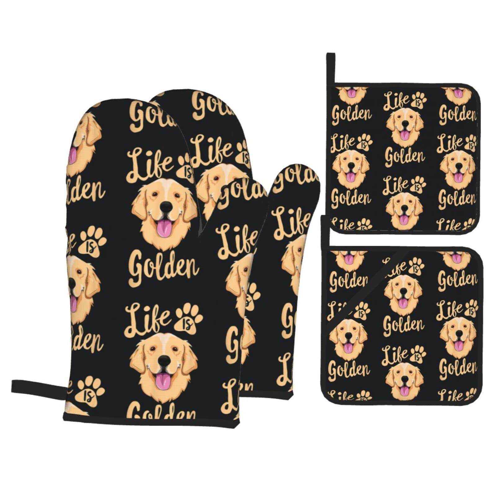 Golden Retriever Oven Mitts & Pot Holders Set - Heat Resistant Silicone Kitchen Gloves for Baking, Grilling, BBQ - Funny Dog Lover Gift (4-Piece) - Perfect for Cooking, Baking, and Protecting Hands from Hot Pans